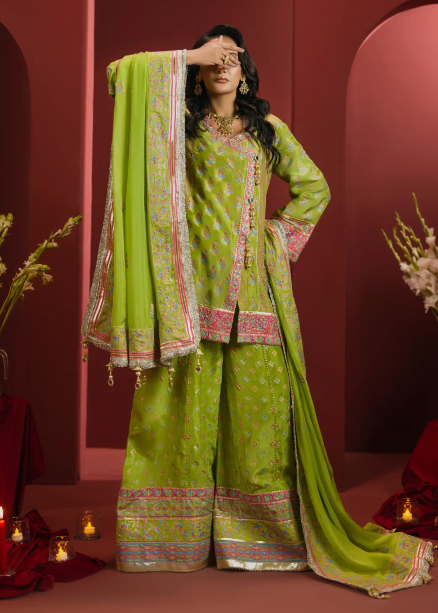 tussar silk Unstitched in Apple green