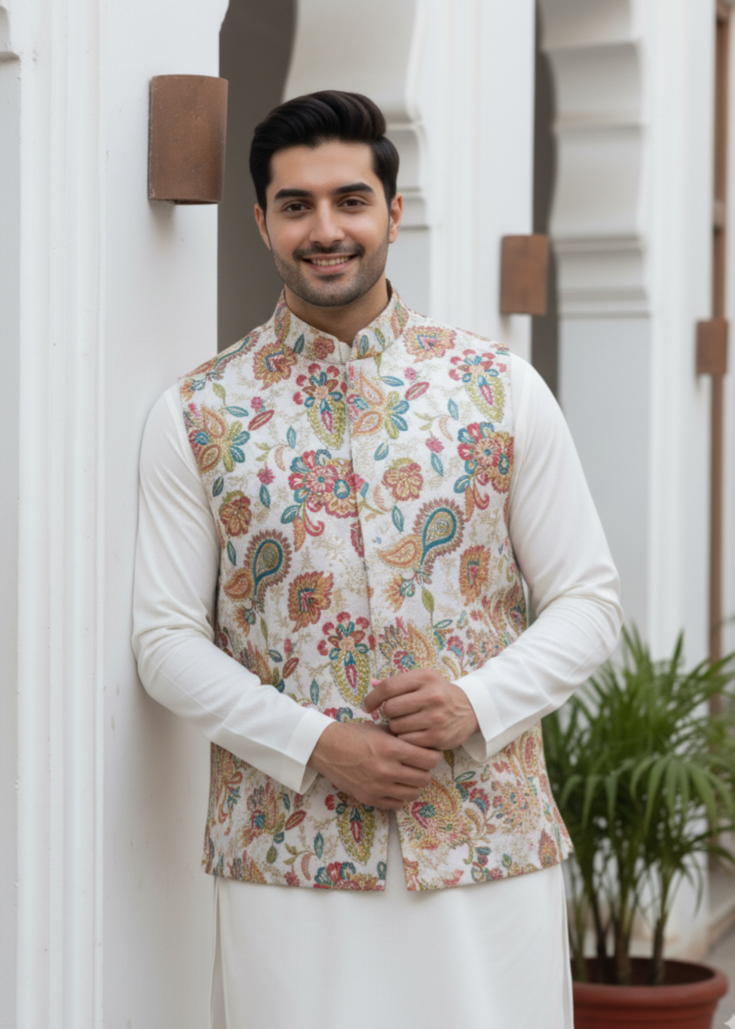 silk cotton net Waistcoat in Multi by J Pardesi