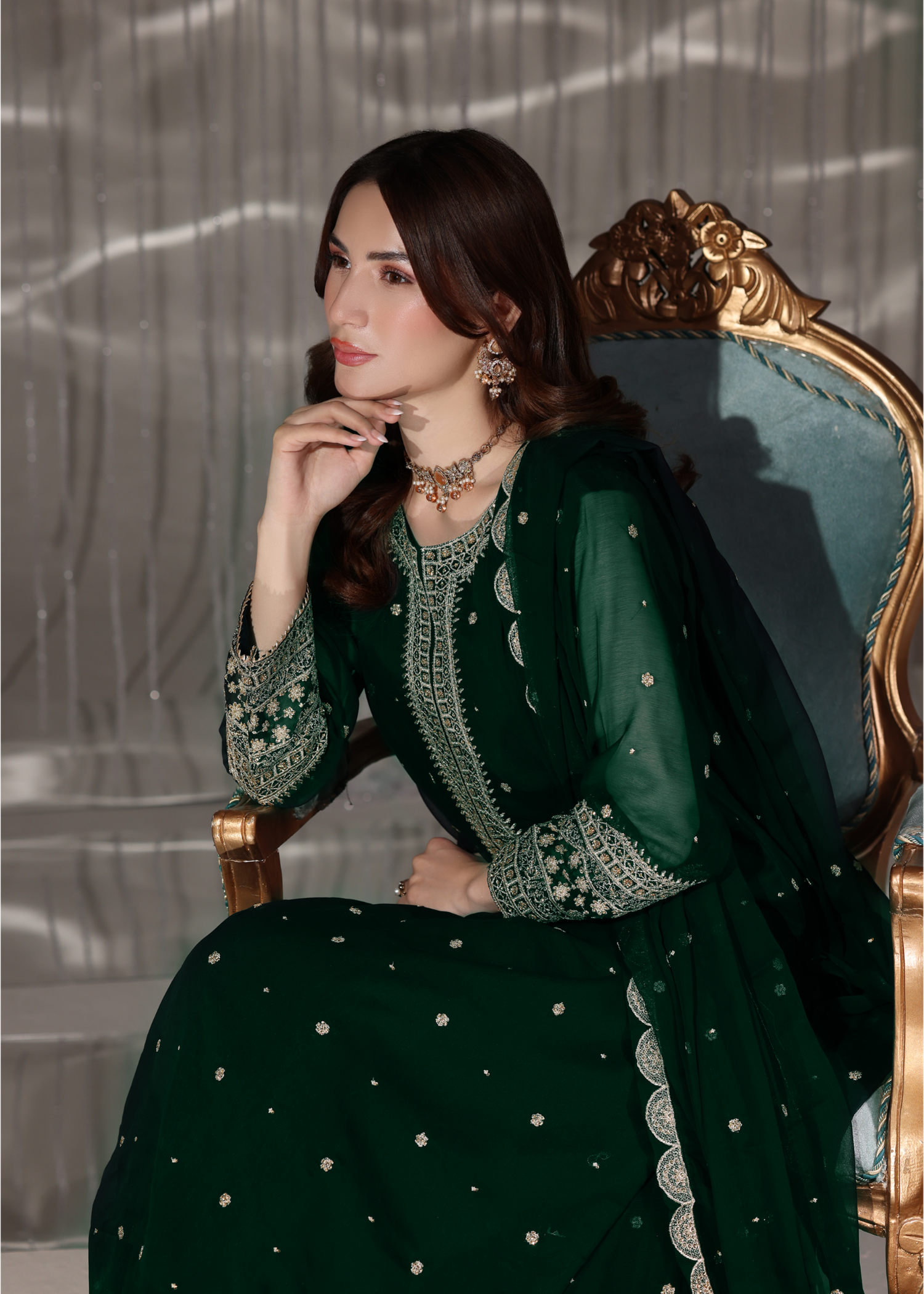 pk chiffon Lehenga in Dark green