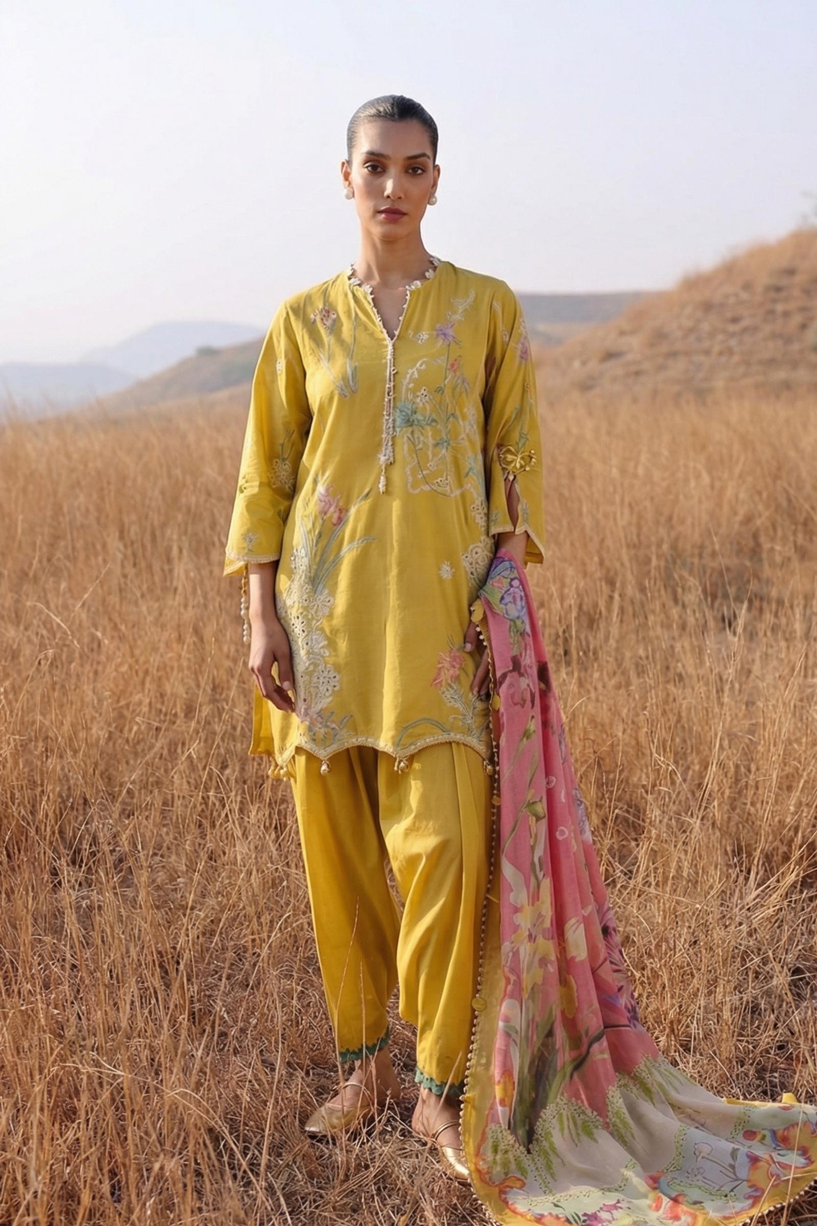 zari organza Unstitched in Yellow