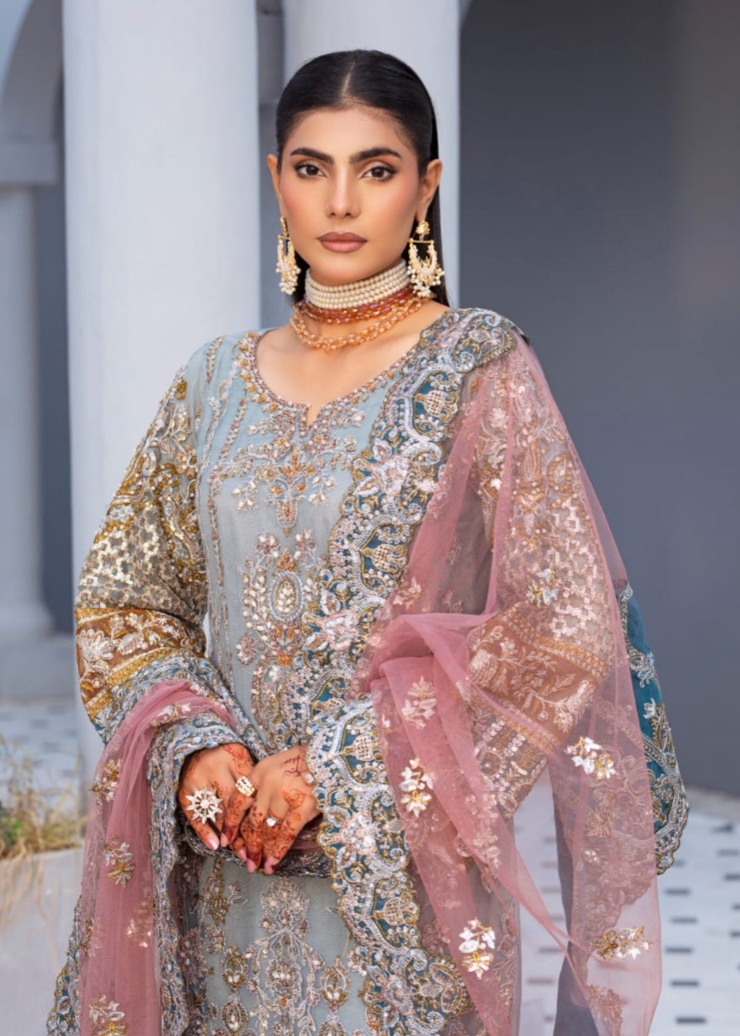 net Kurta Set in Slate grey