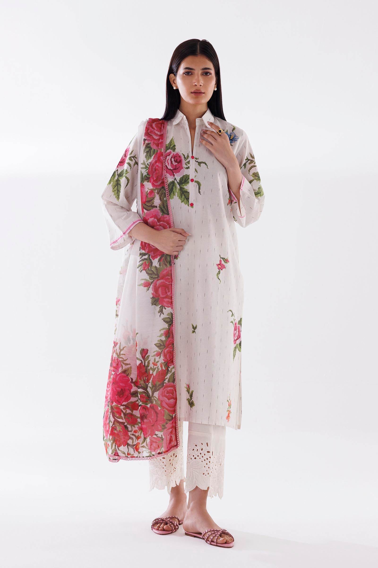 textured lawn Kurta Set in White