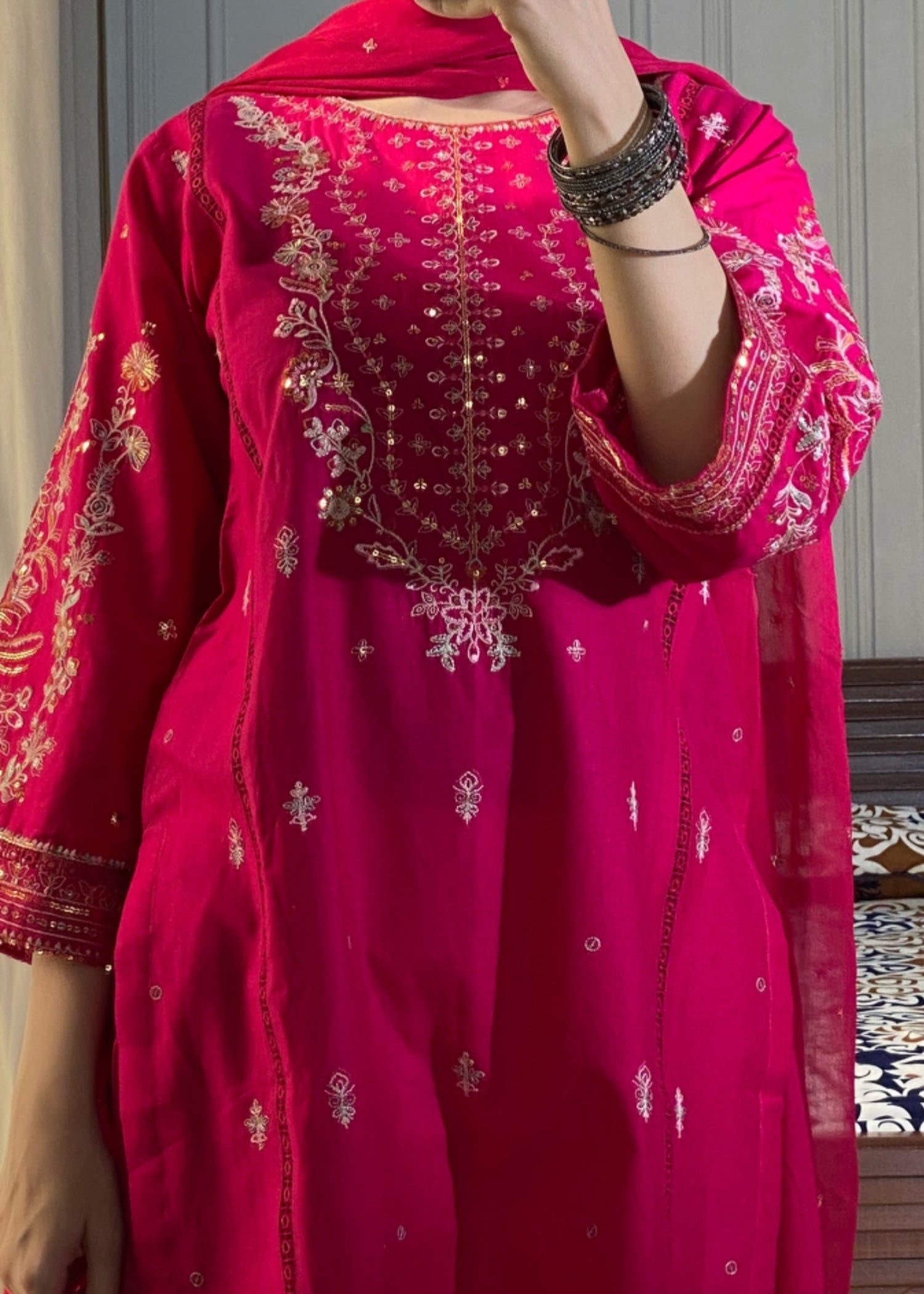 cotton Kurta Set in Hot pink red