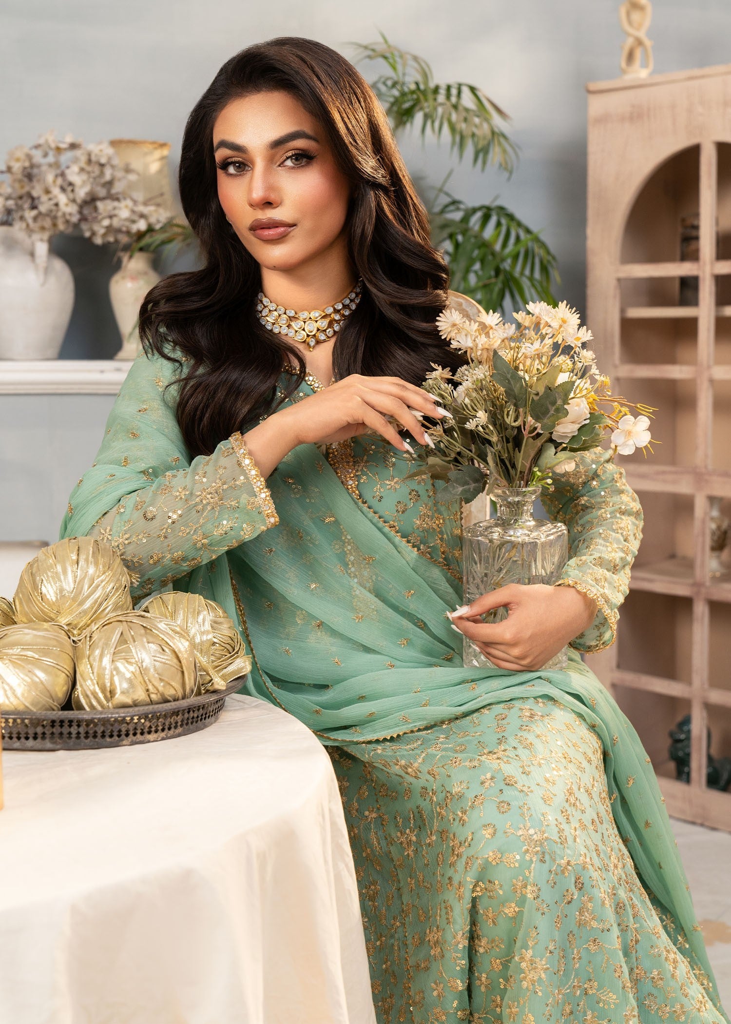 chiffon Pishwas in Pastel green