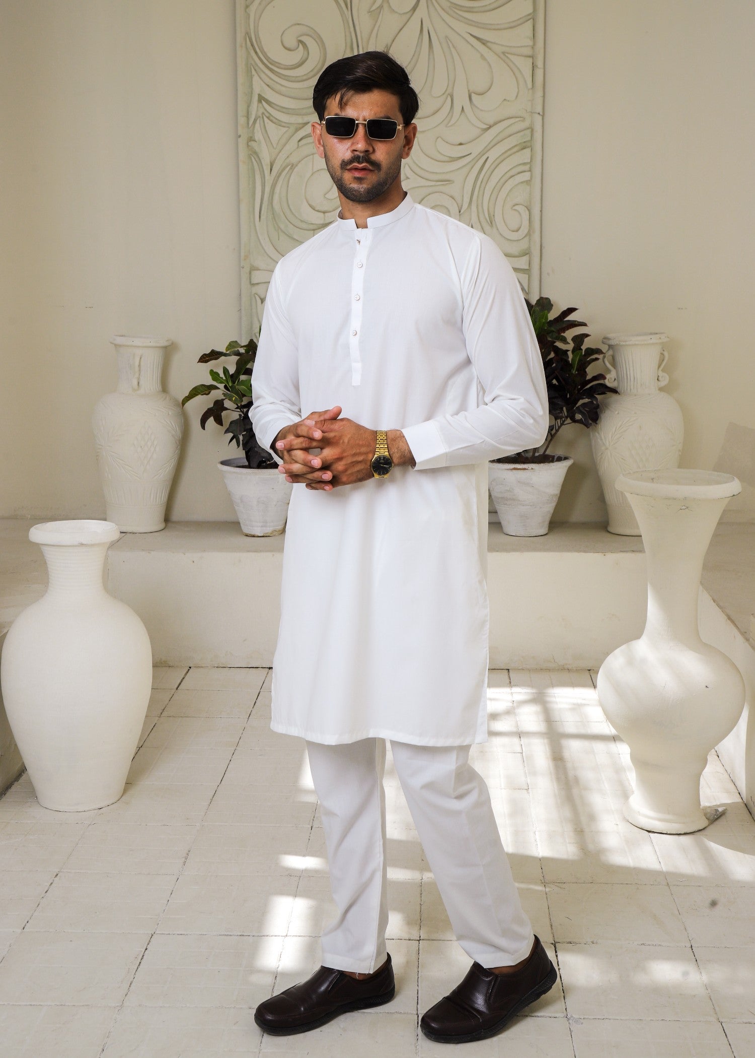 wash & wear Kurta Set in White by Hassan Jee Men