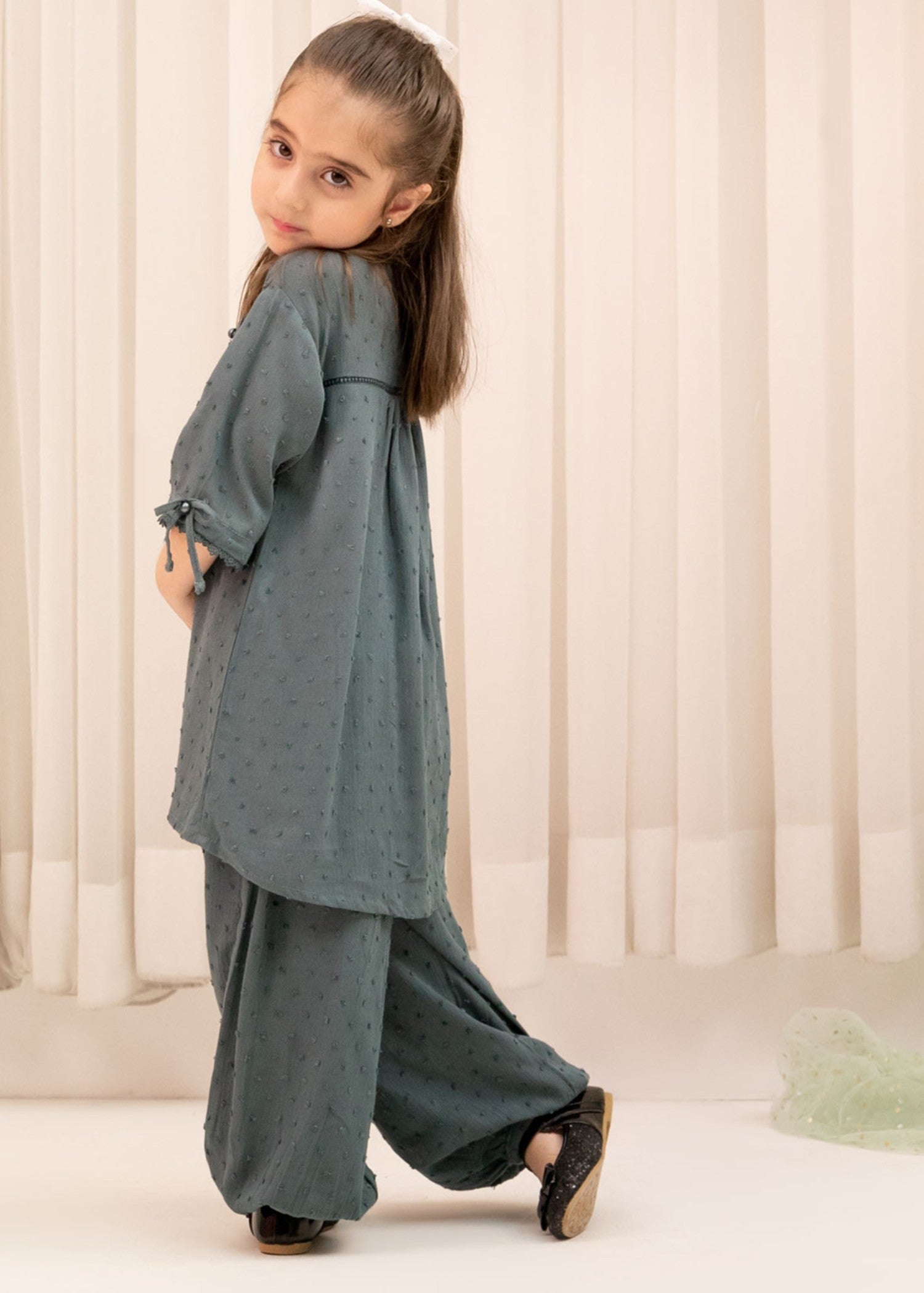 textured chambray Short Frock in Charcoal