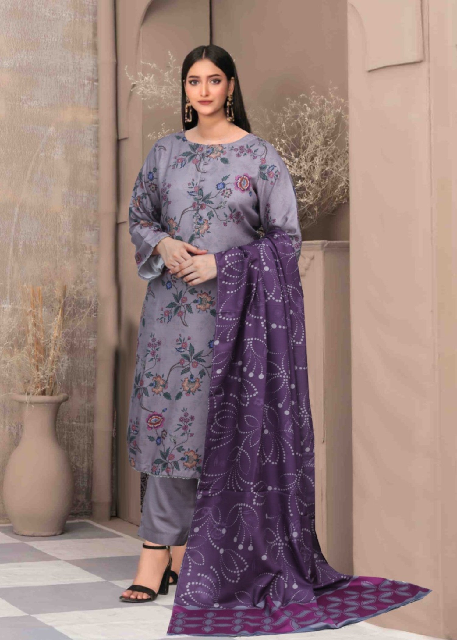 khaddar Kurta Set in Lavender grey