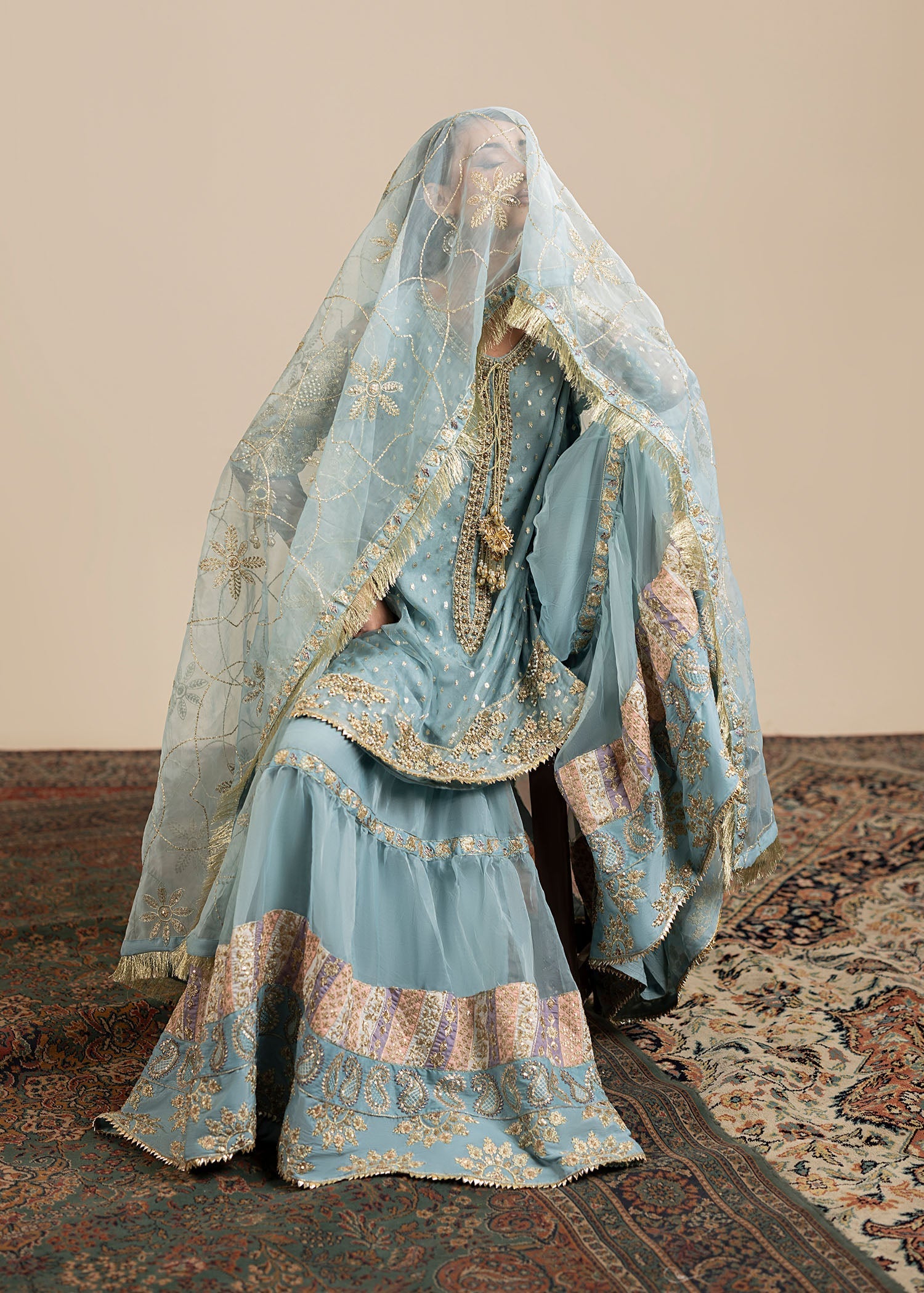 organza Gharara in Ice blue
