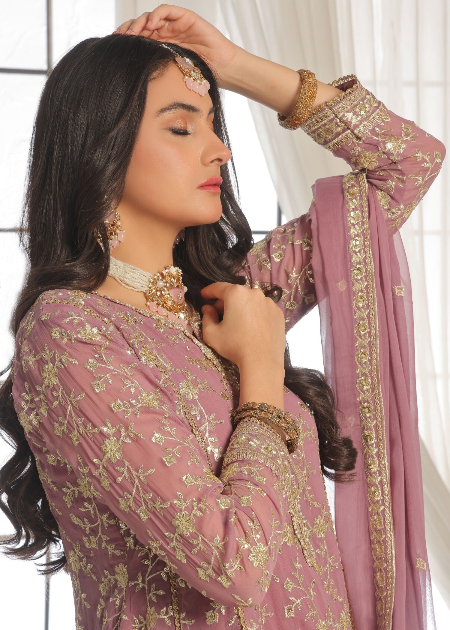 chiffon Pishwas in Mauve pink