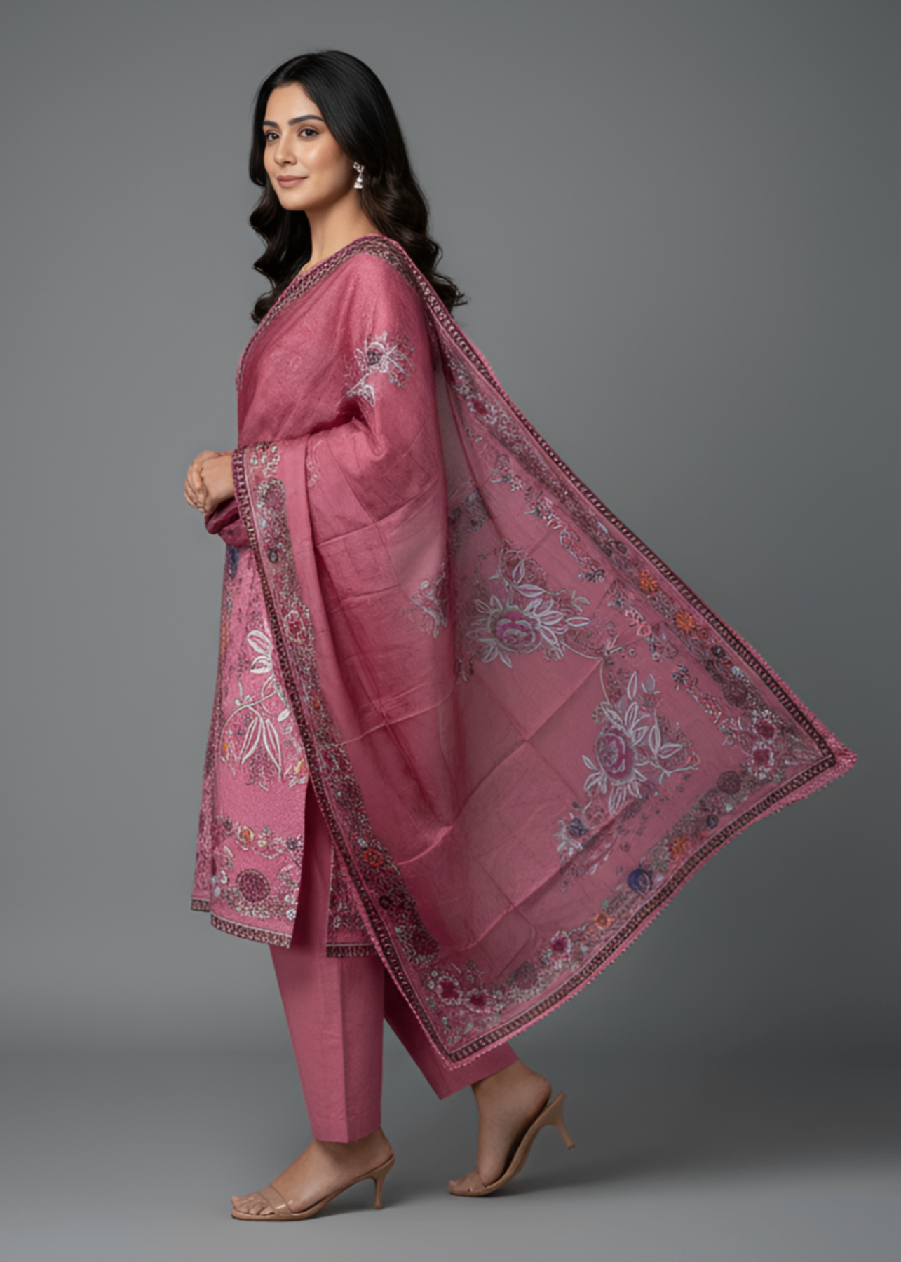 cambric Kurta Set in Tea rose pink