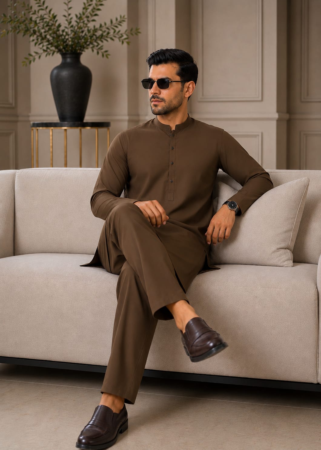 wash & wear Kurta Set in Oak brown