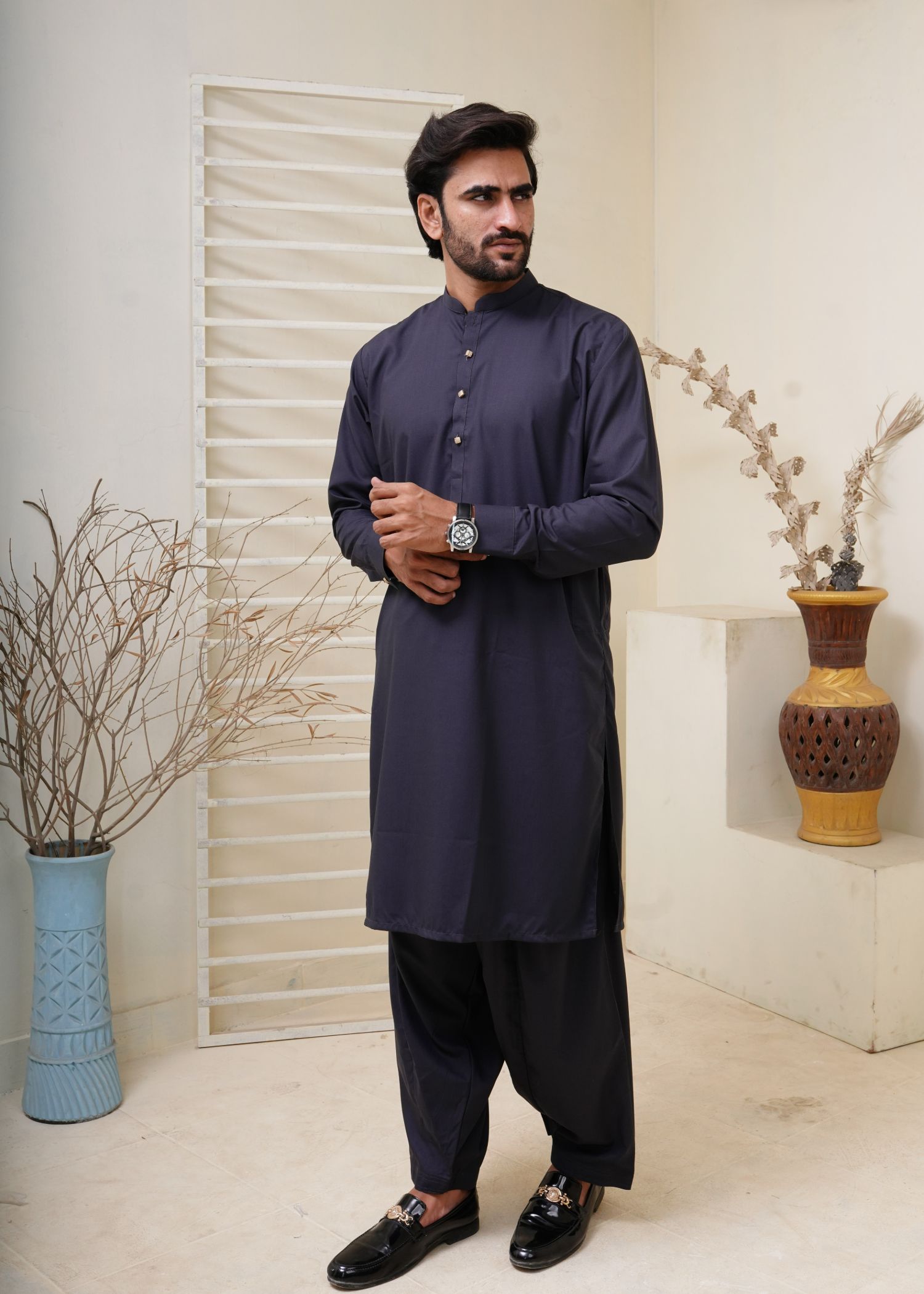 wash & wear Shalwar Kameez in Navy blue by Hassan Jee Men