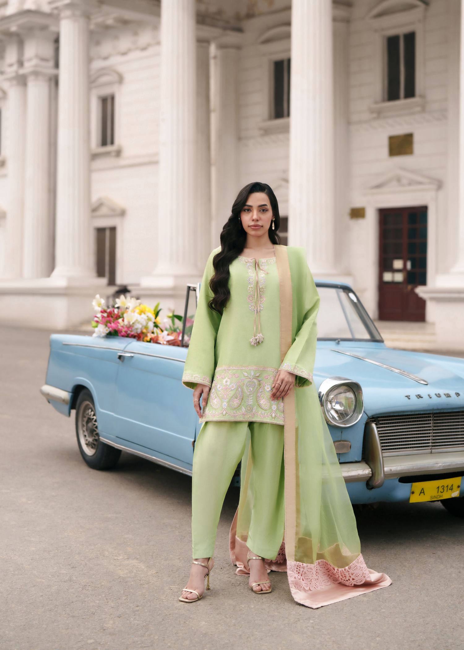 silk tissue Kurta Set in Pistachio green