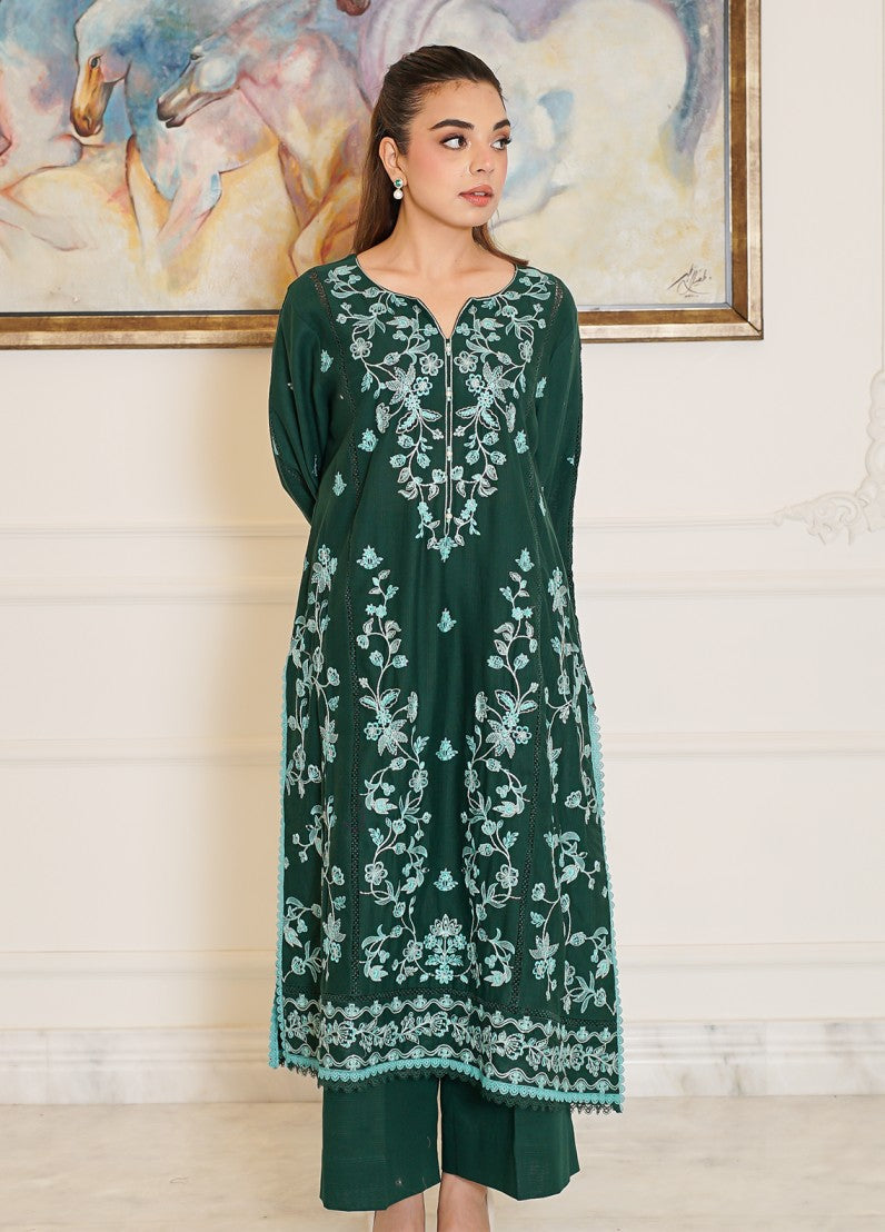 fine khaddar Unstitched in Forest green
