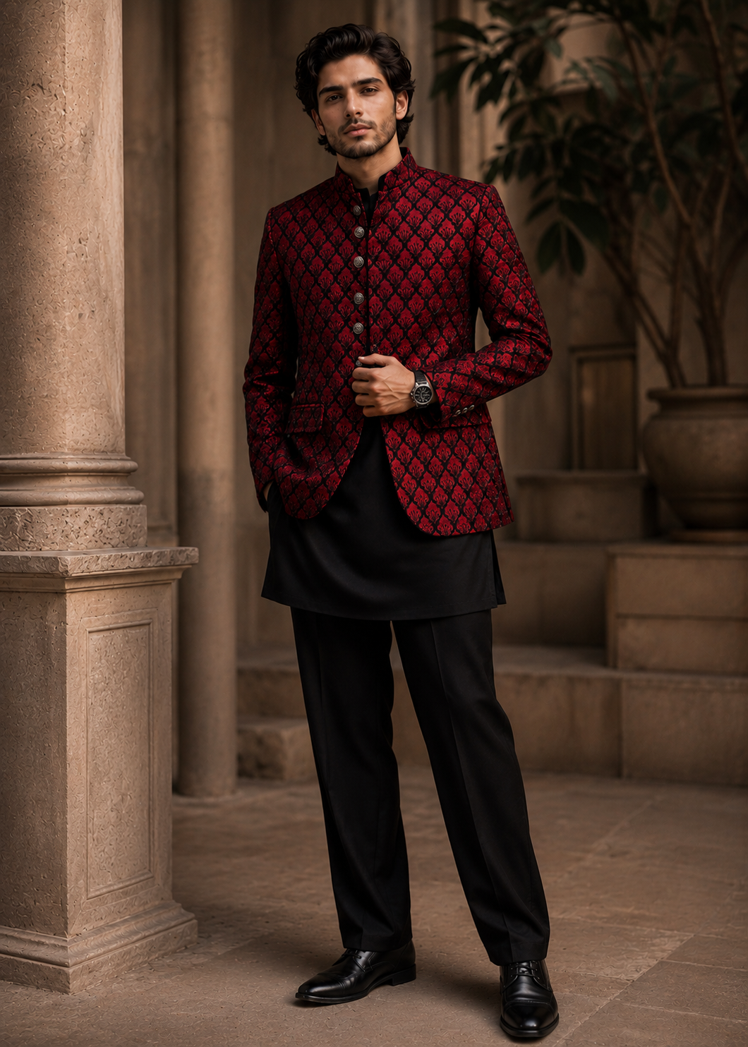 silk Prince Coat in Blood red, black