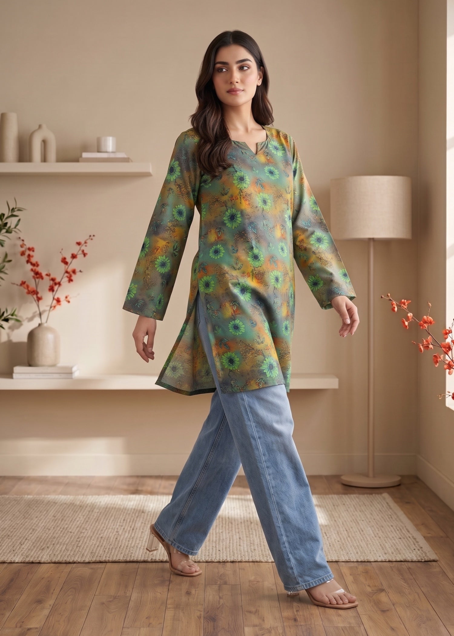 lawn cotton Kurti in Olive green