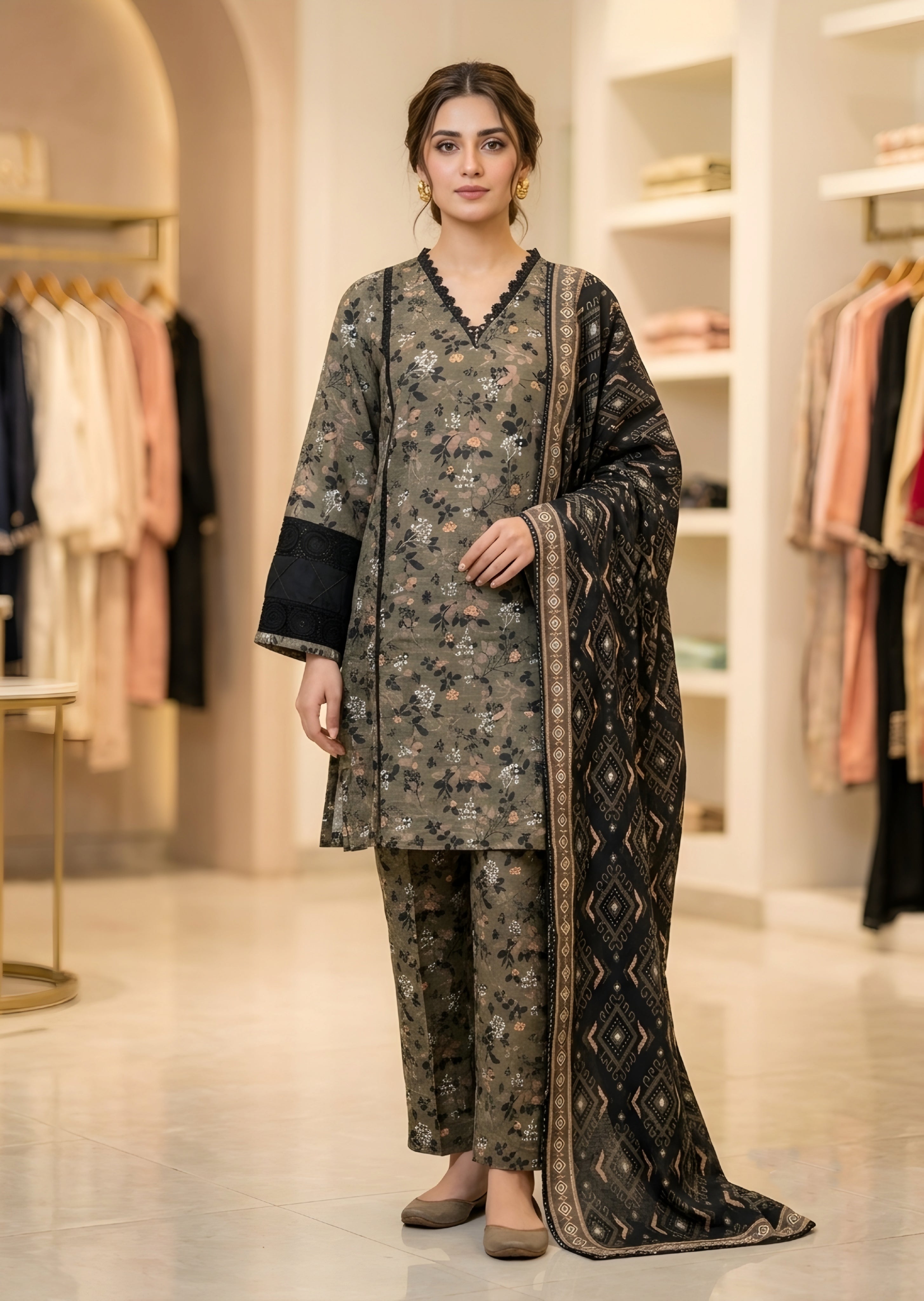 khaddar Kurta Set in Peanut, umber brown