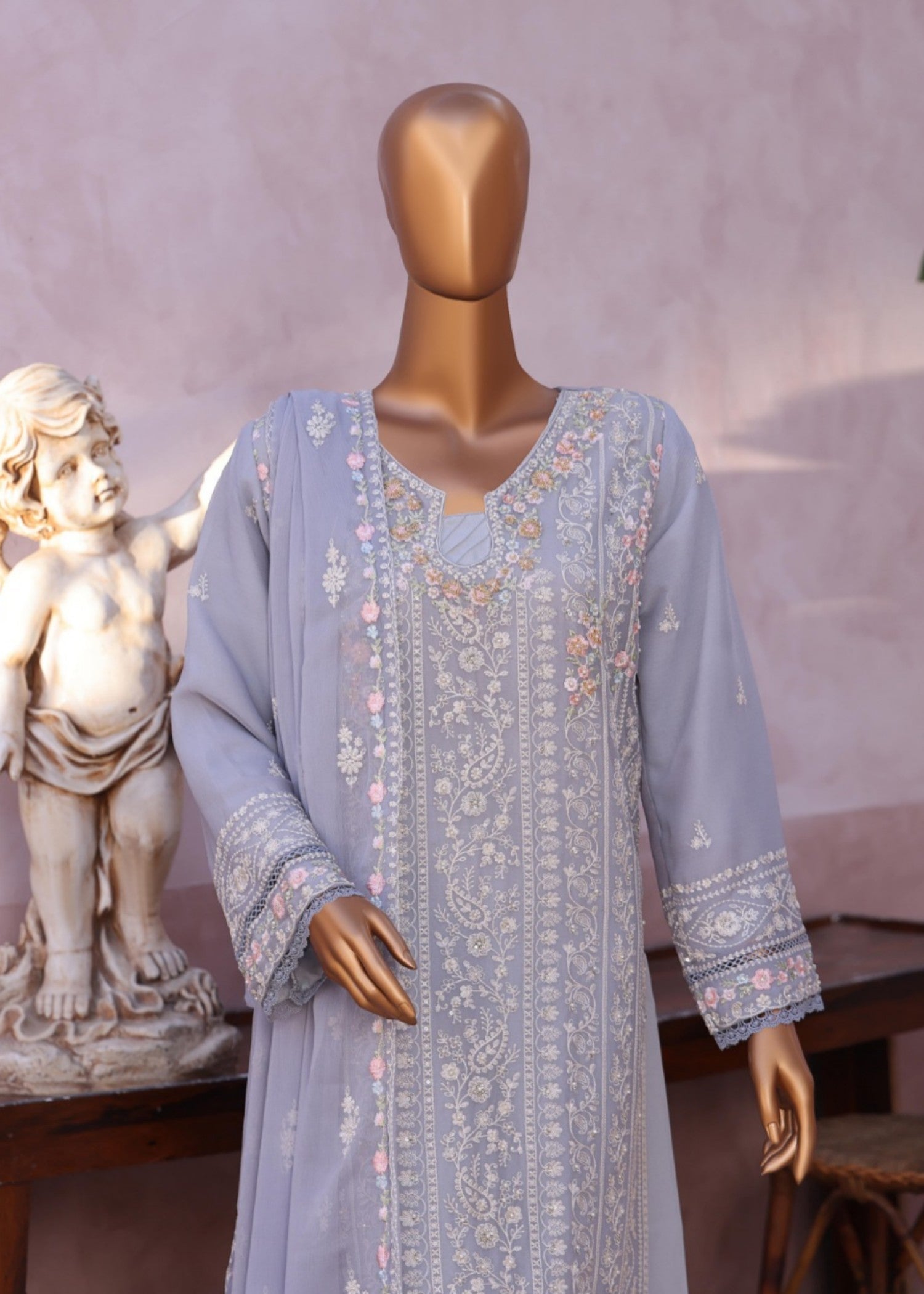 chiffon Kurta Set in Duck egg grey