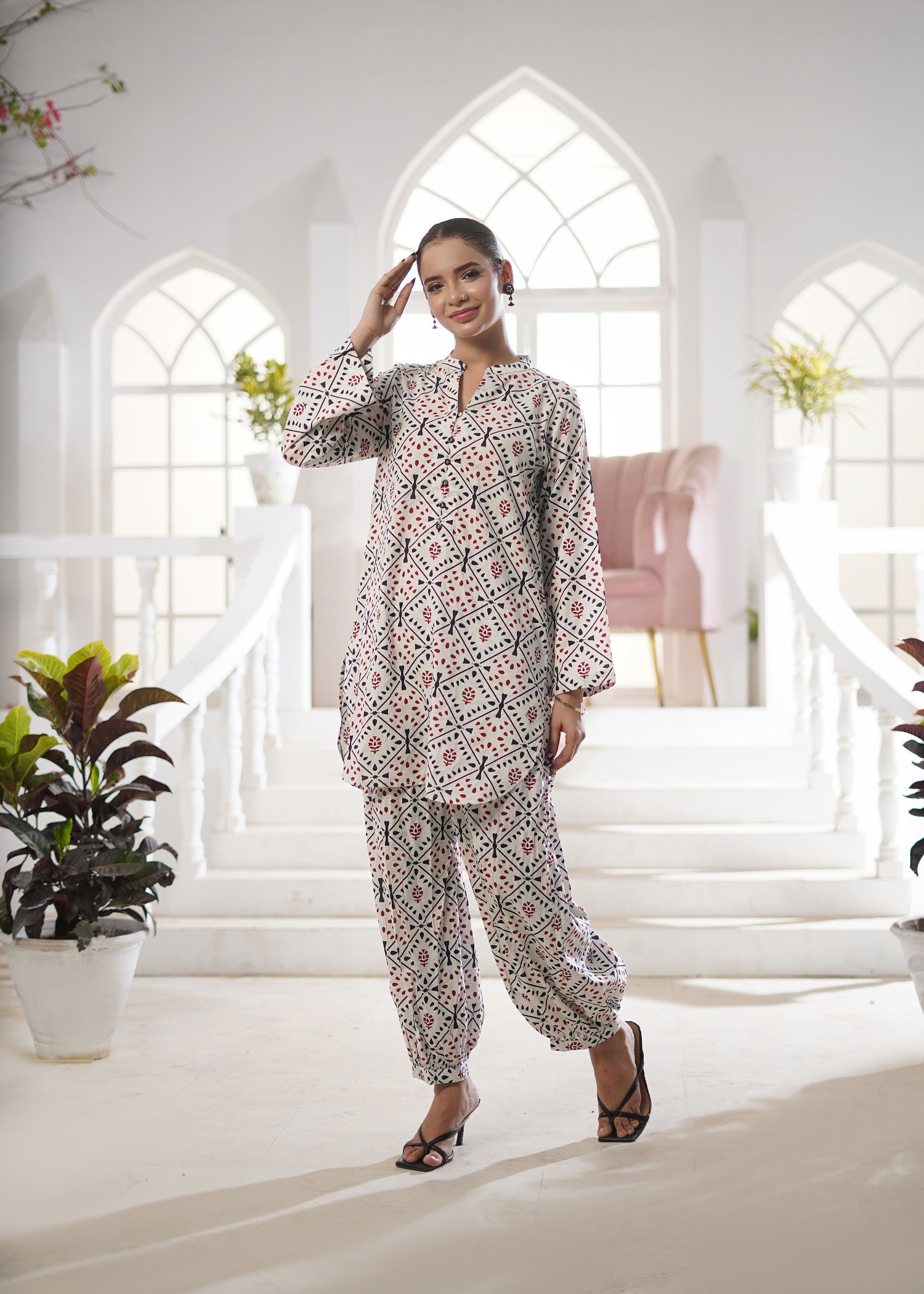 lawn Co Ord Sets in Black, red, off-white