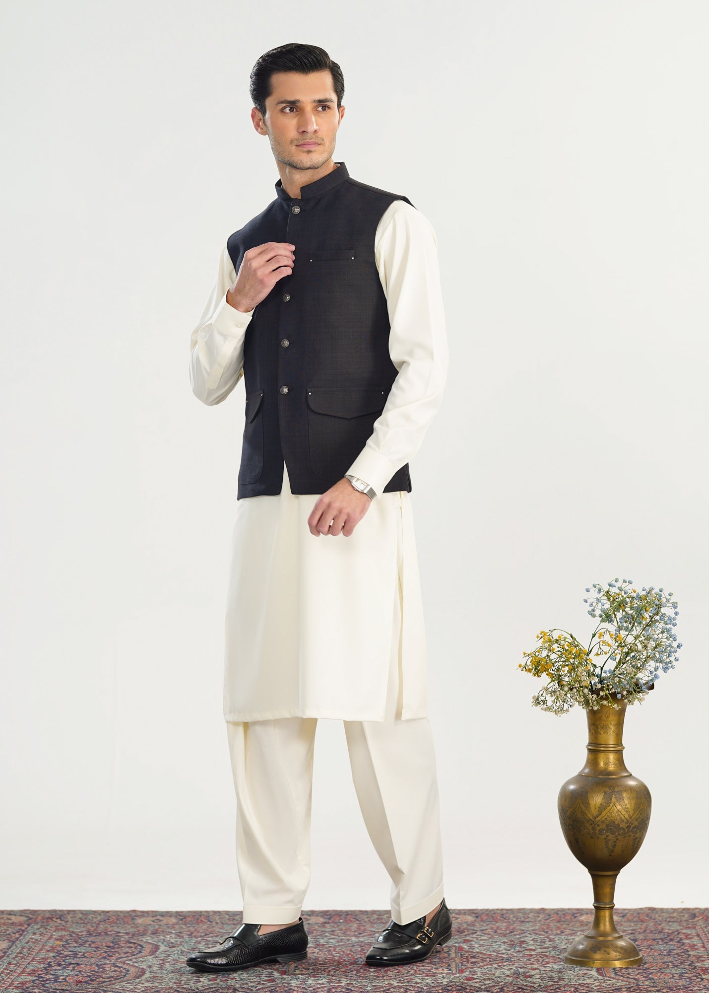 handwoven khaddar Waistcoat in Off-white, black