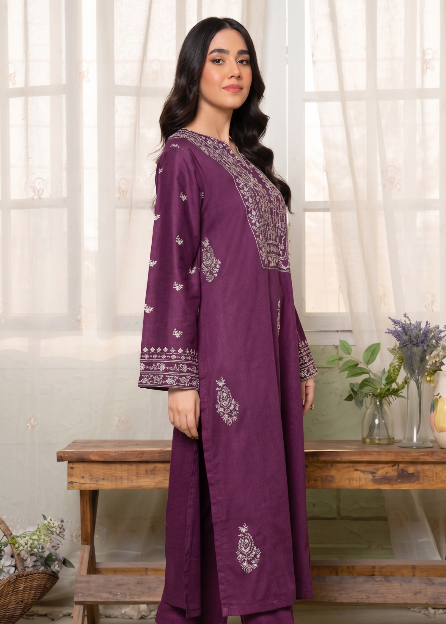linen Kurta Set in Purple