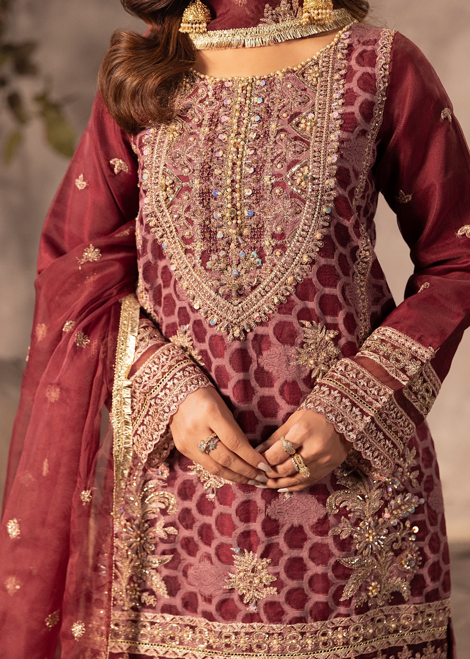 organza Gharara in Maroon