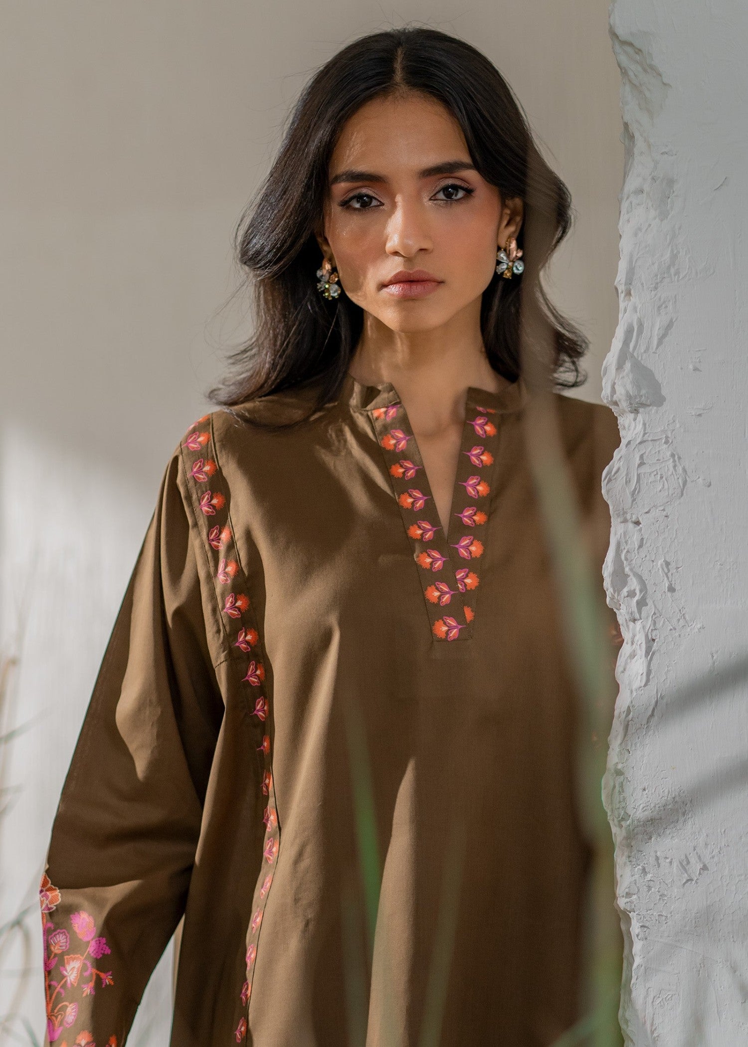 poly lawn Kurta Set in Coffee brown