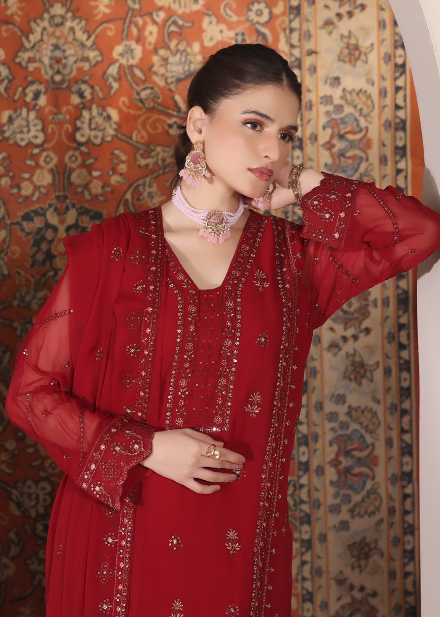 chiffon Kurta Set in Crimson
