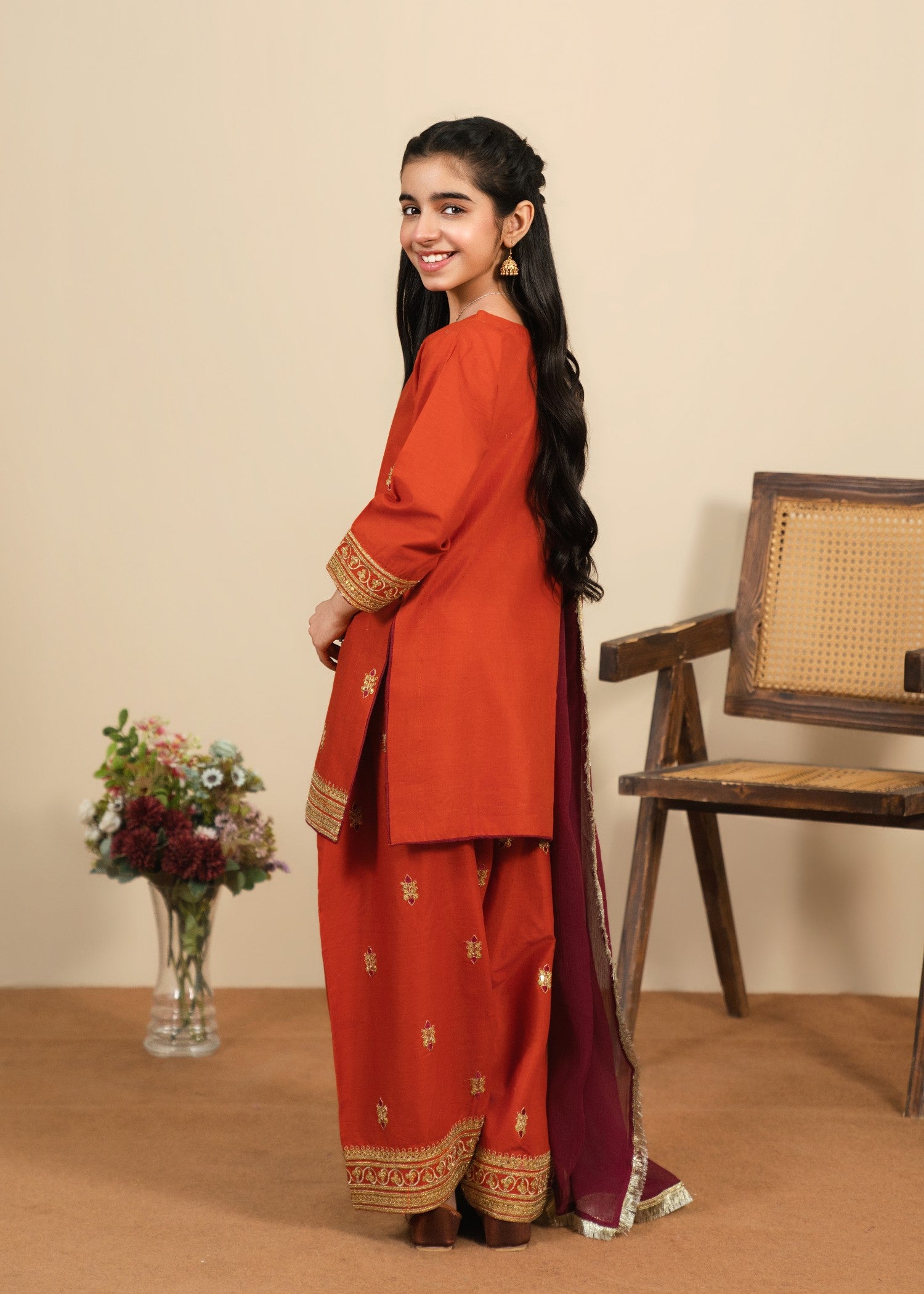 cotton Kurta Set in Rust orange
