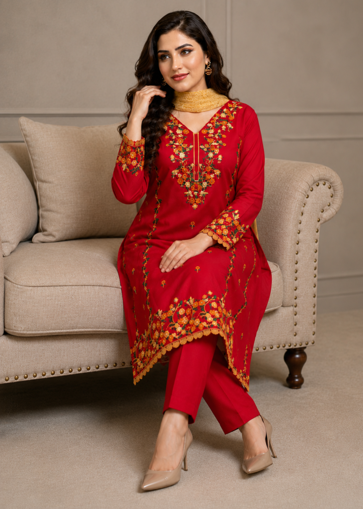 lawn cotton Unstitched in Tomato red