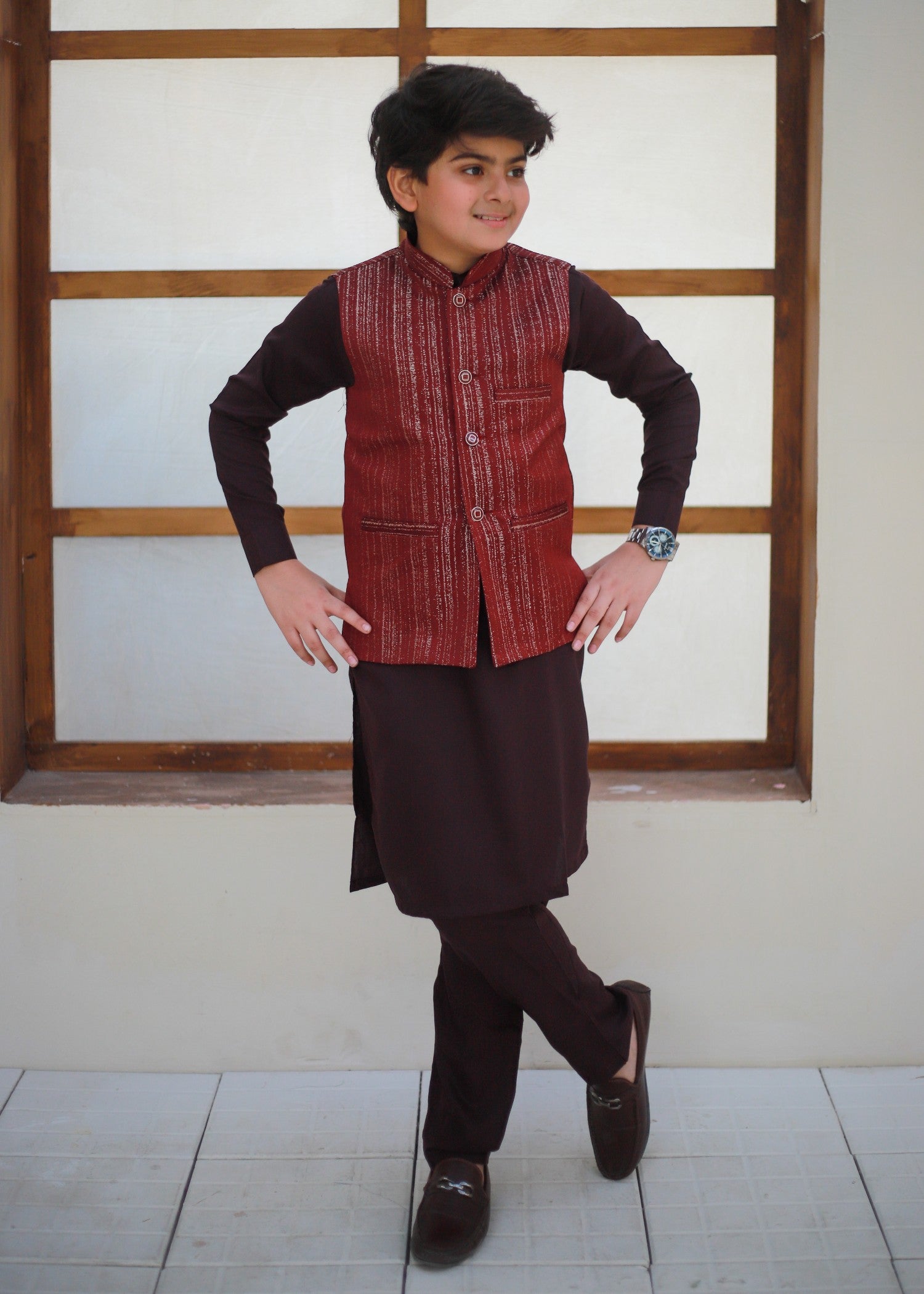 jamawar Waistcoat in Rose red