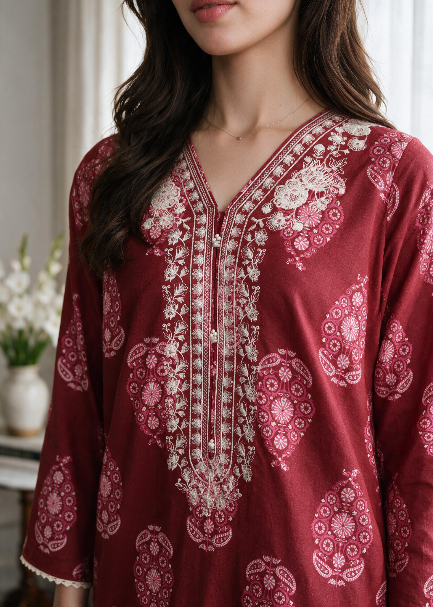 lawn Kurti in Rose red