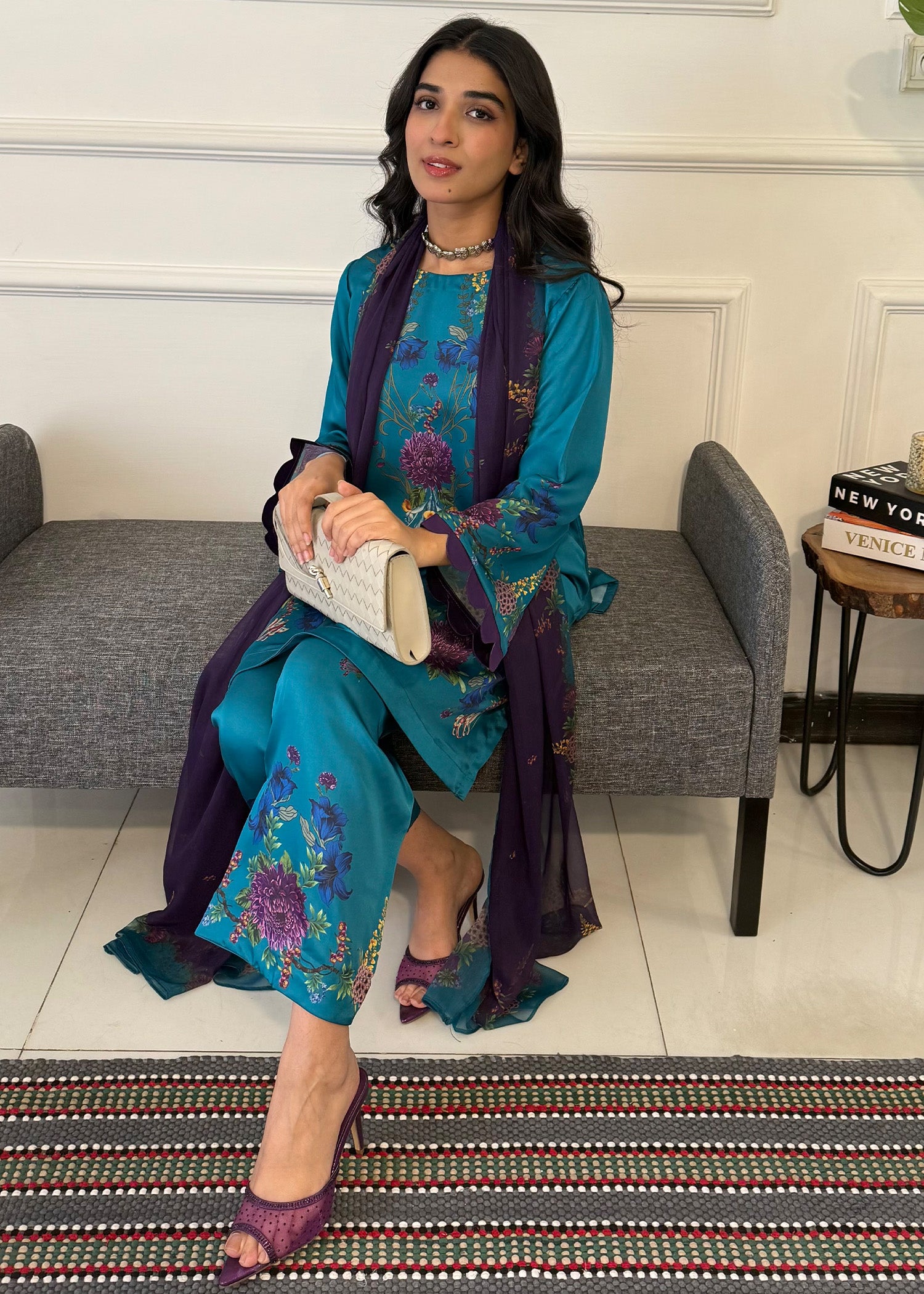 satin silk Kurta Set in Teal
