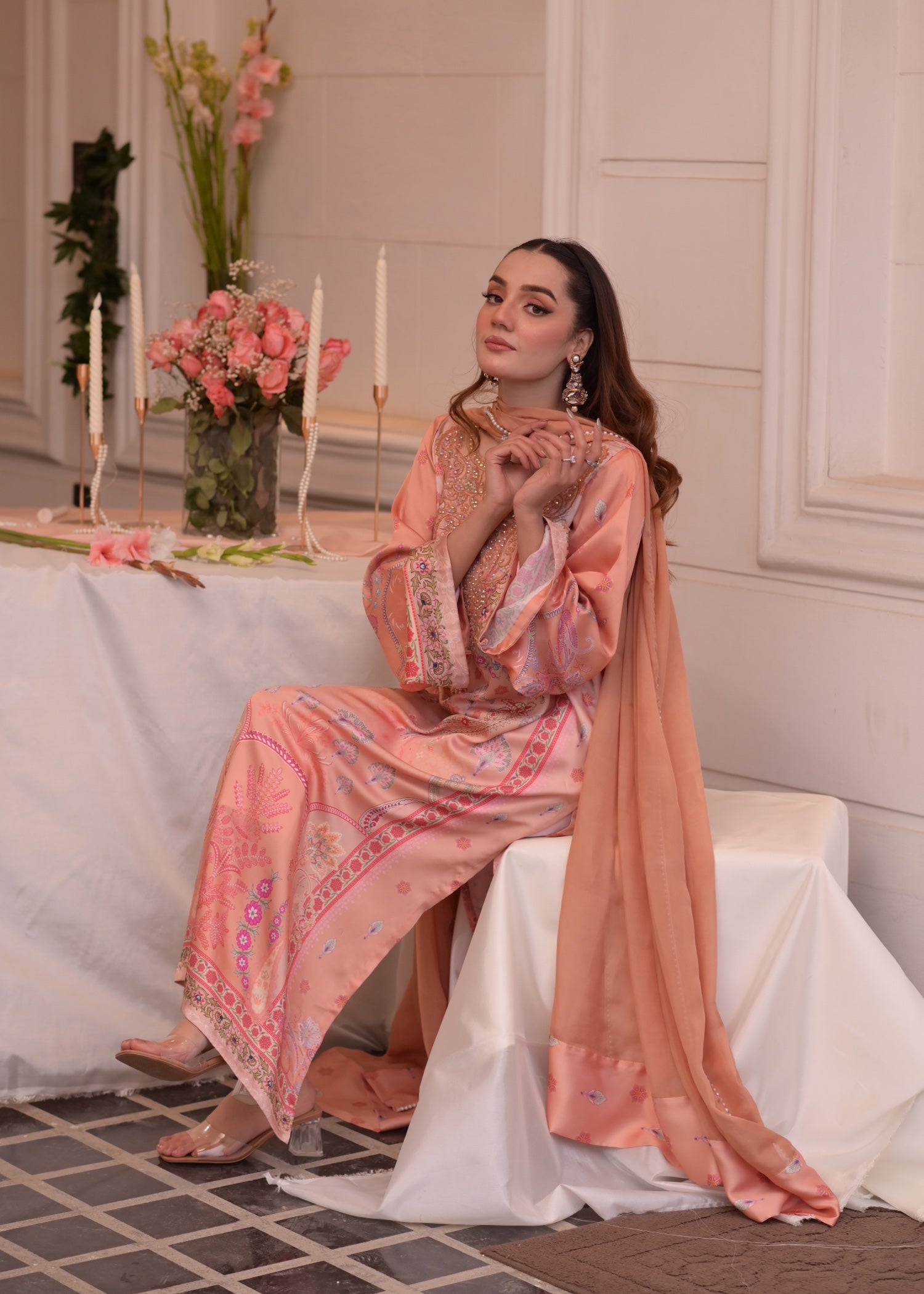 satin silk Kurta Set in Apricot orange, goldfish orange, marmalade orange