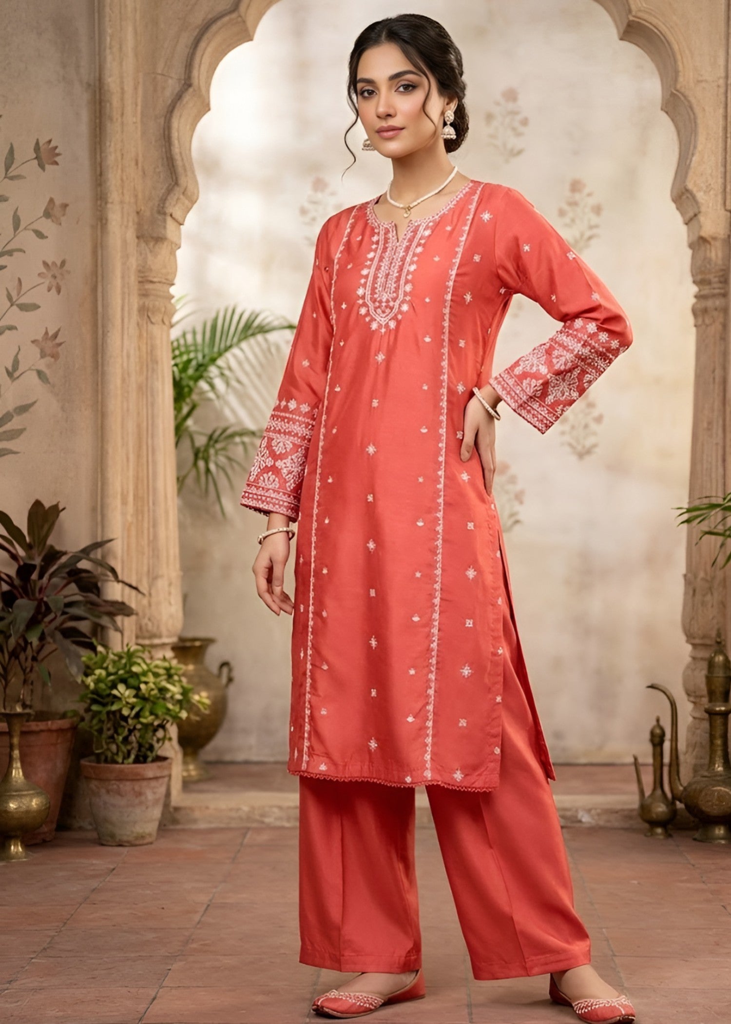linen Kurta Set in Coral red