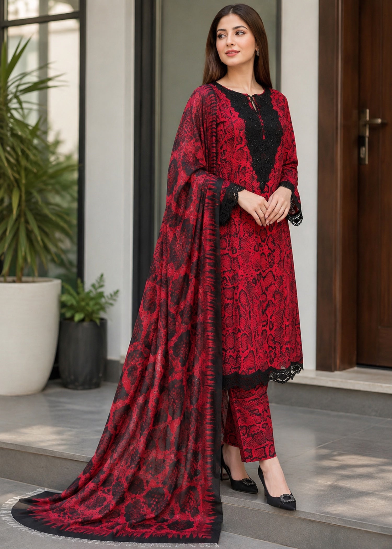 lawn Kurta Set in Venetian red, taupe black