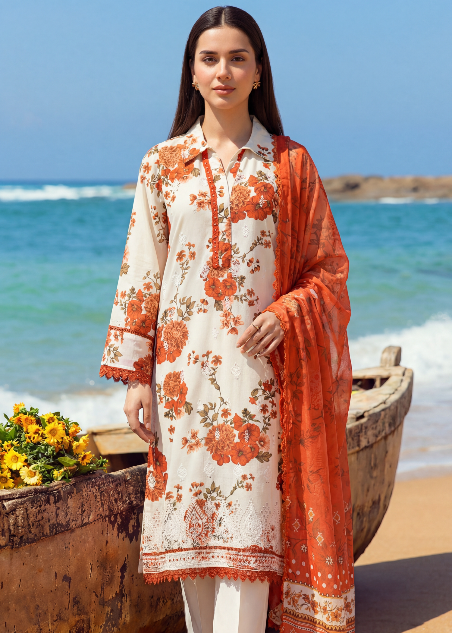 lawn Kurta Set in White, pumpkin orange