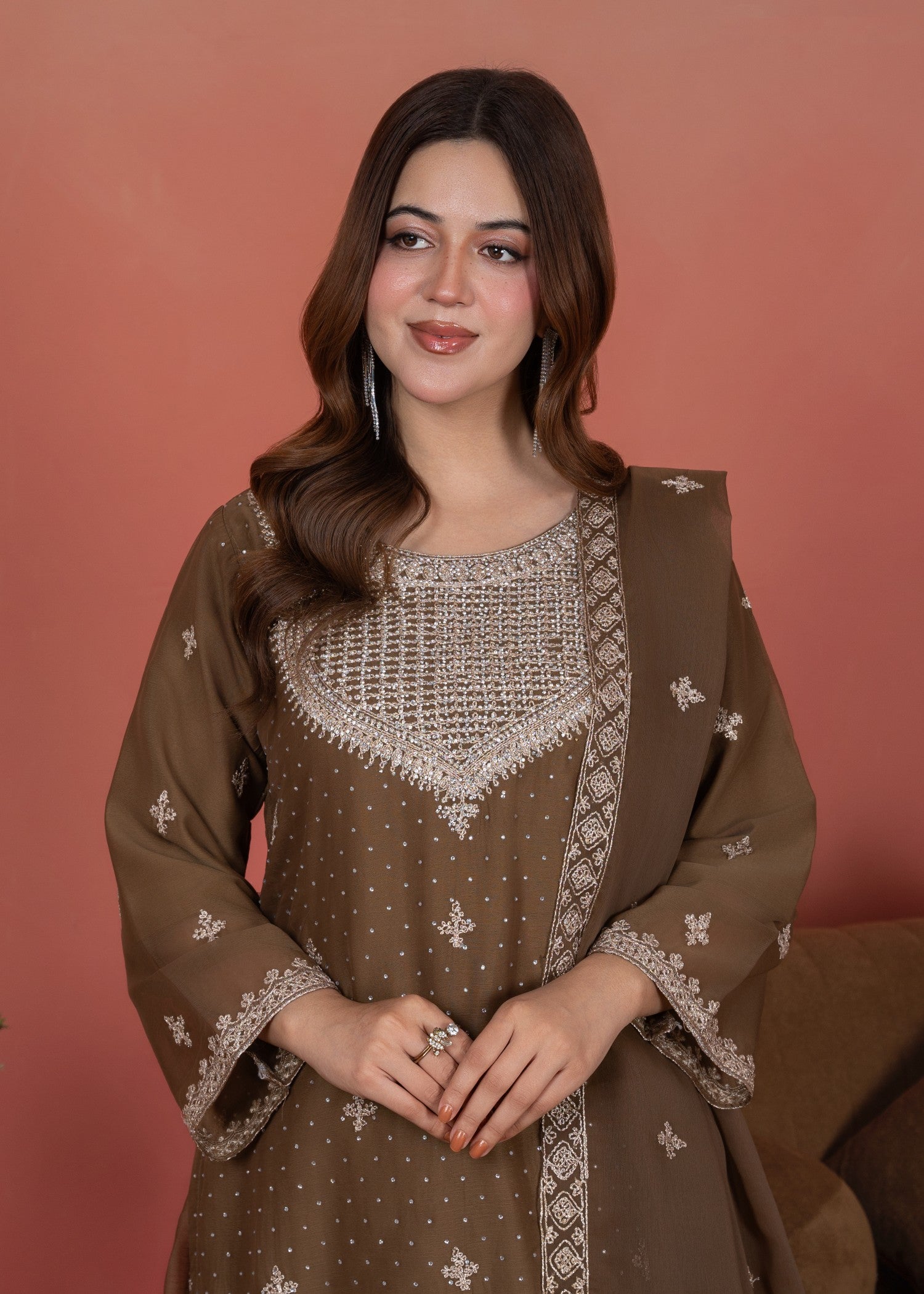chiffon Kurta Set in Almond brown