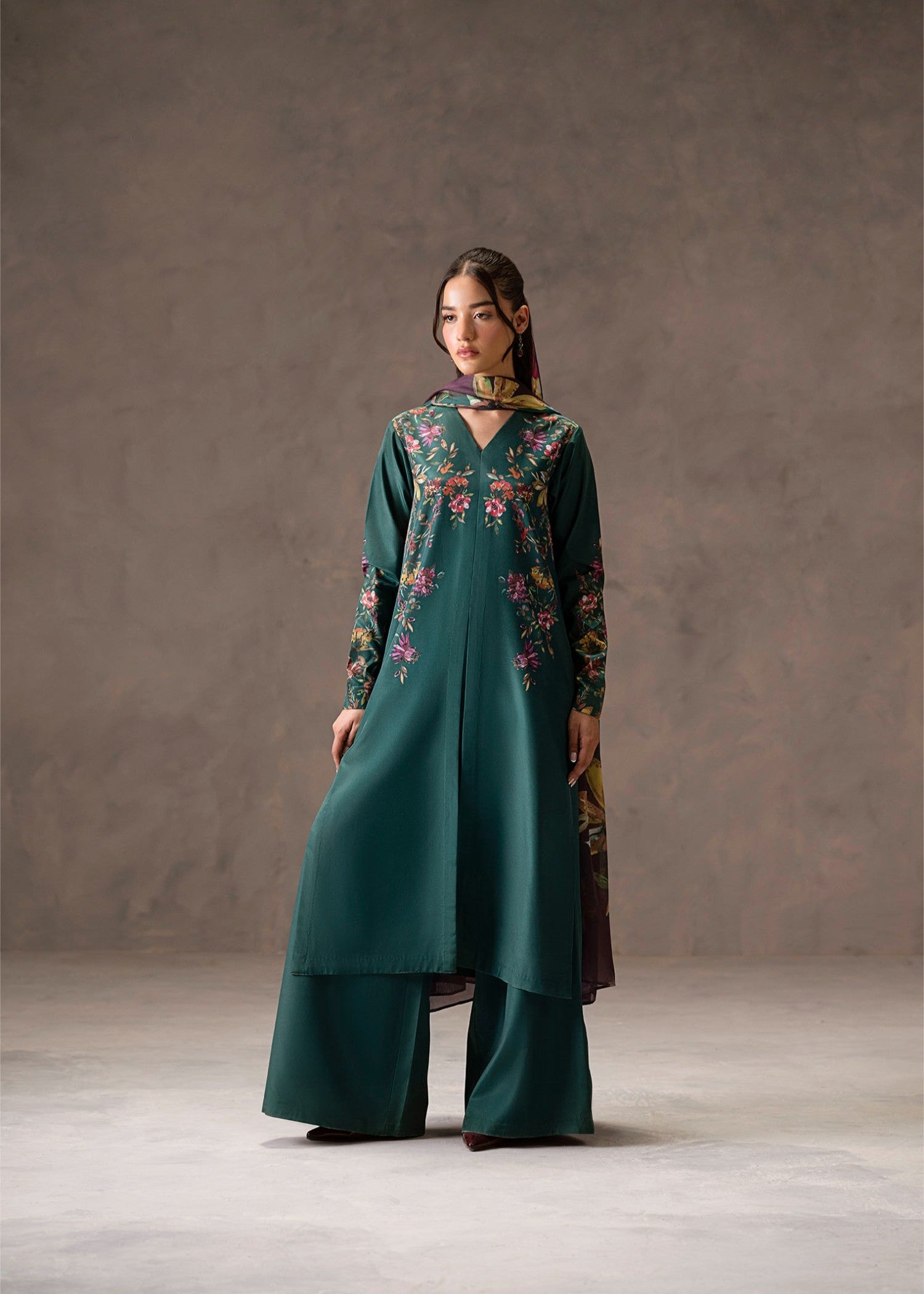 poly lawn Kurta Set in Bottle green