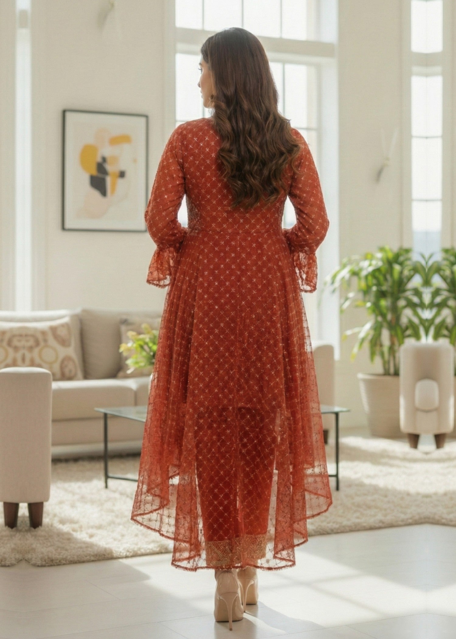 organza Short Frock in Rust orange
