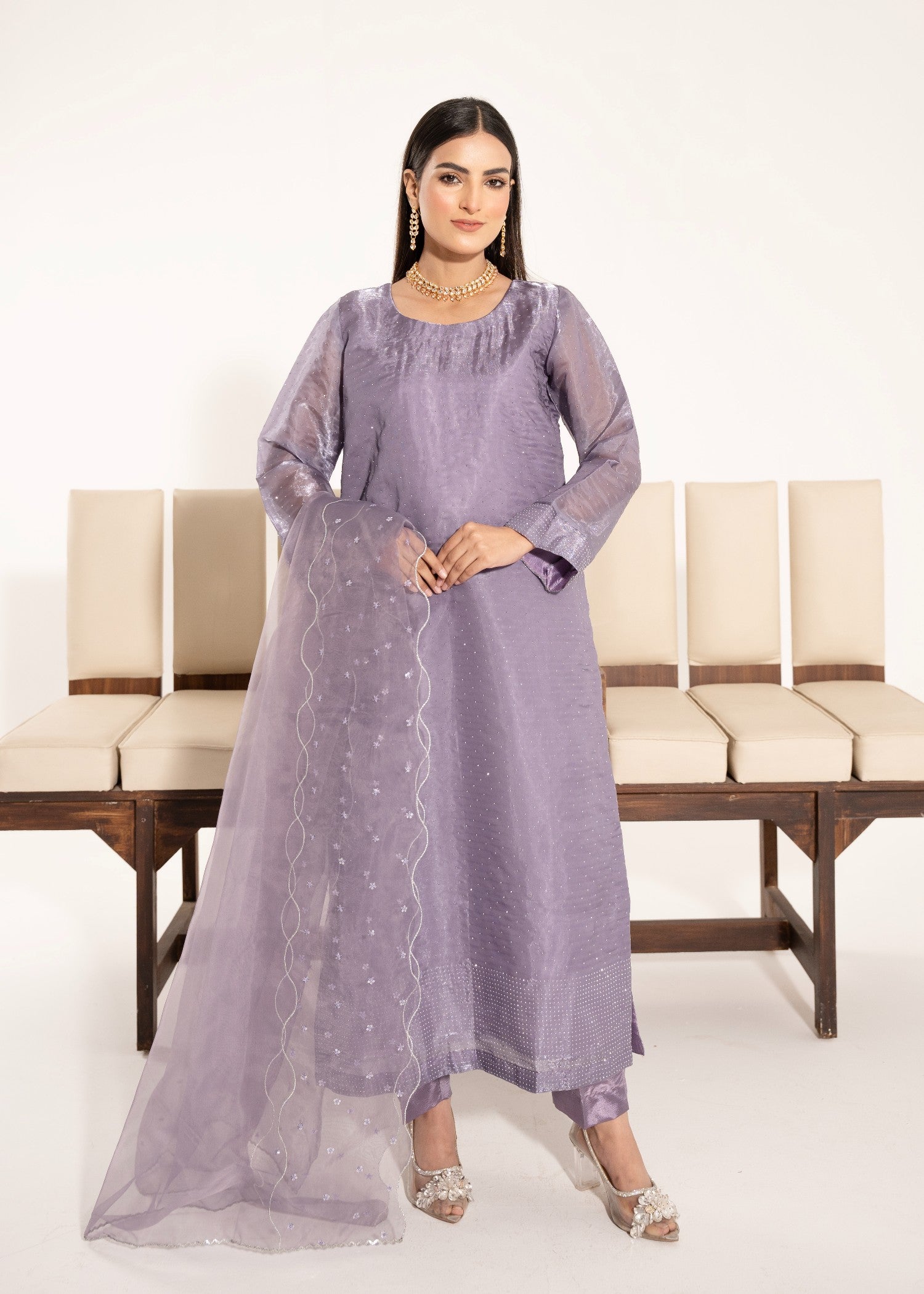 silk tissue Kurta Set in Lavender