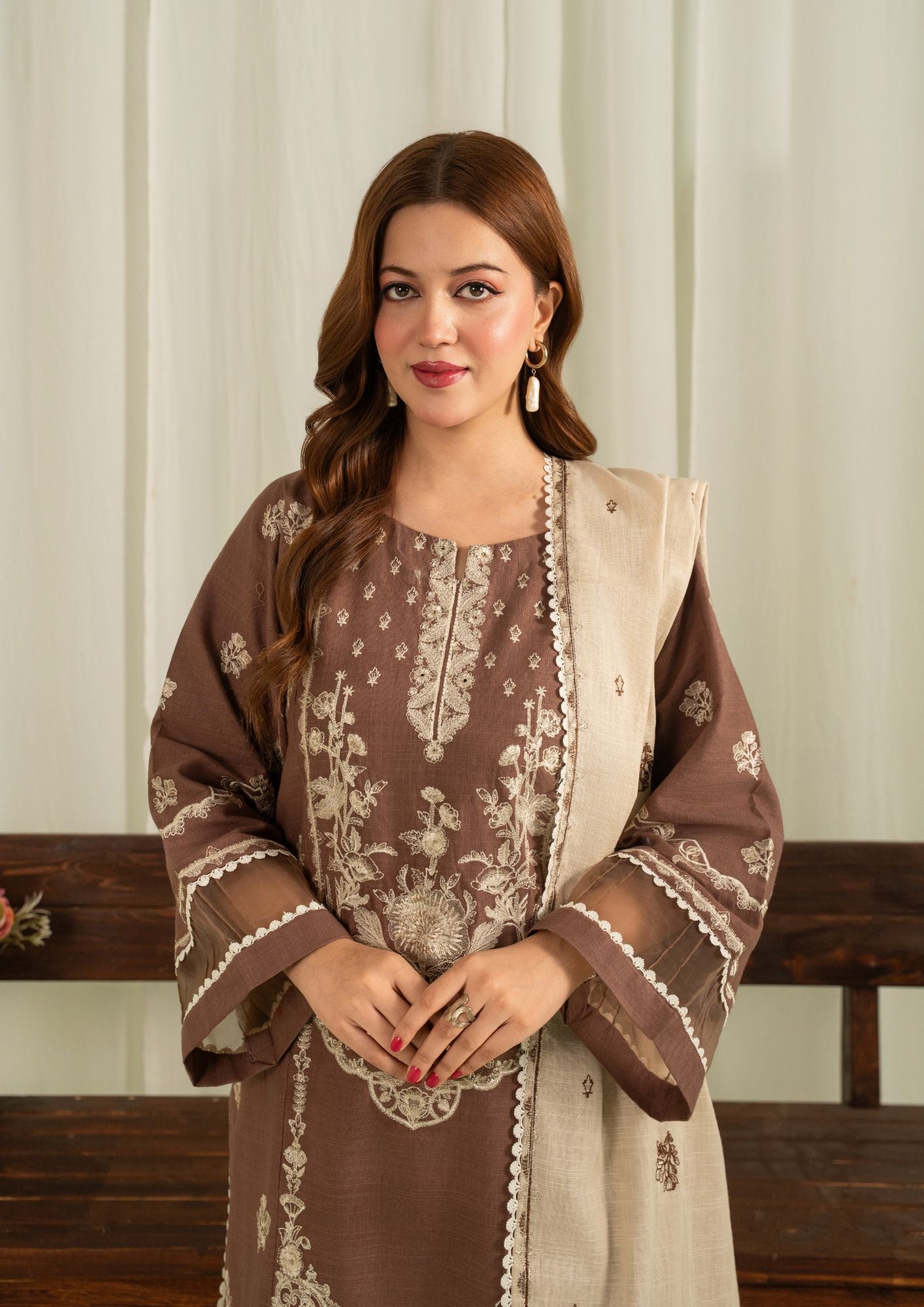 khaddar Kurta Set in Beige, coffee brown