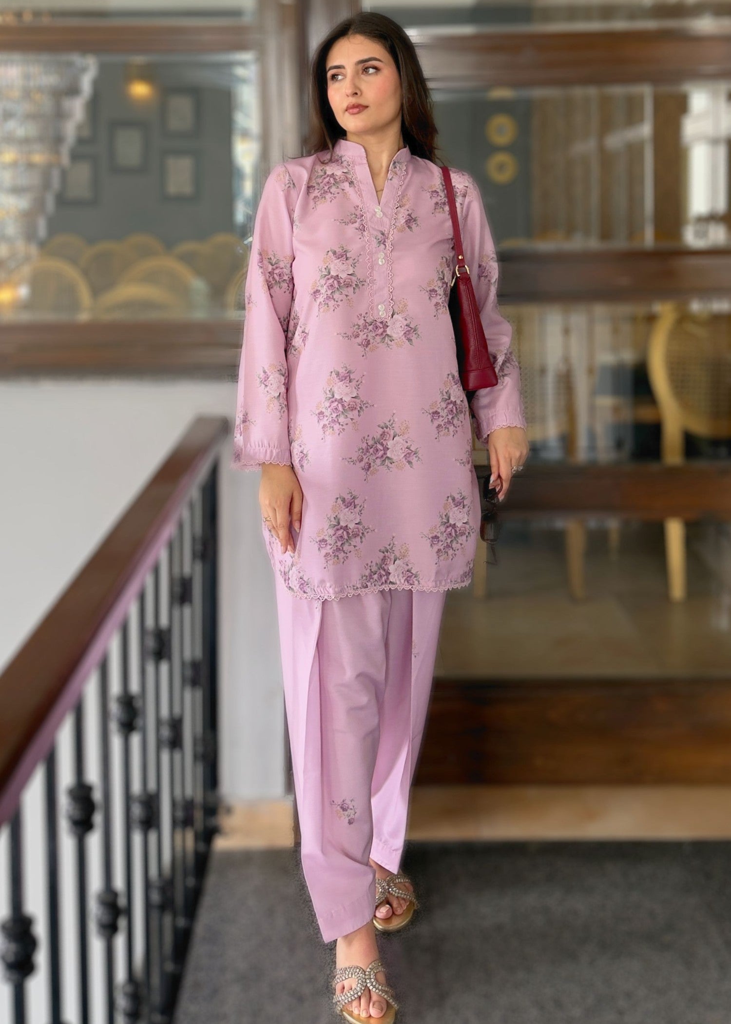 silk finish lawn Kurta Set in Mauve pink