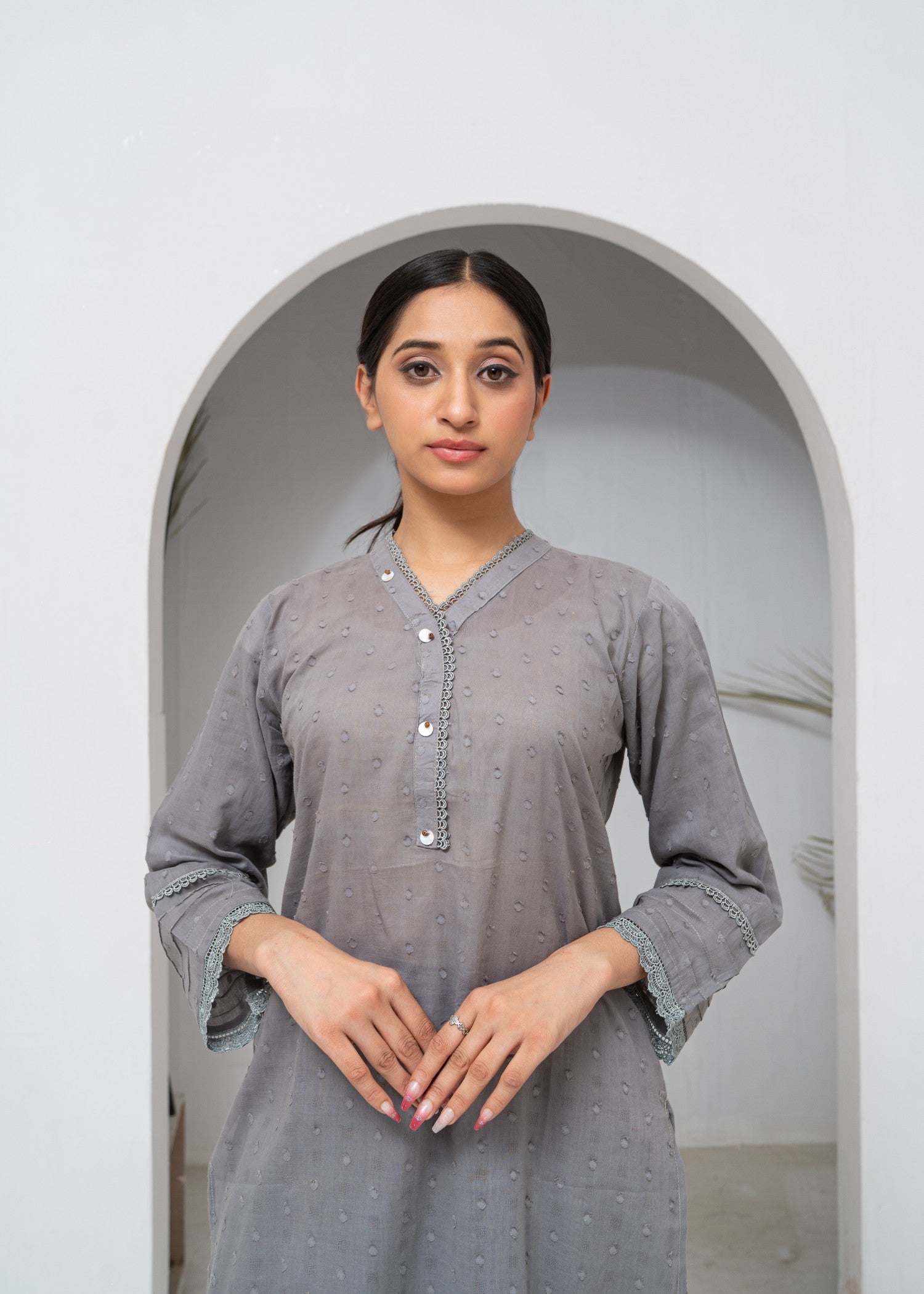 cotton Kurta Set in Pastel grey