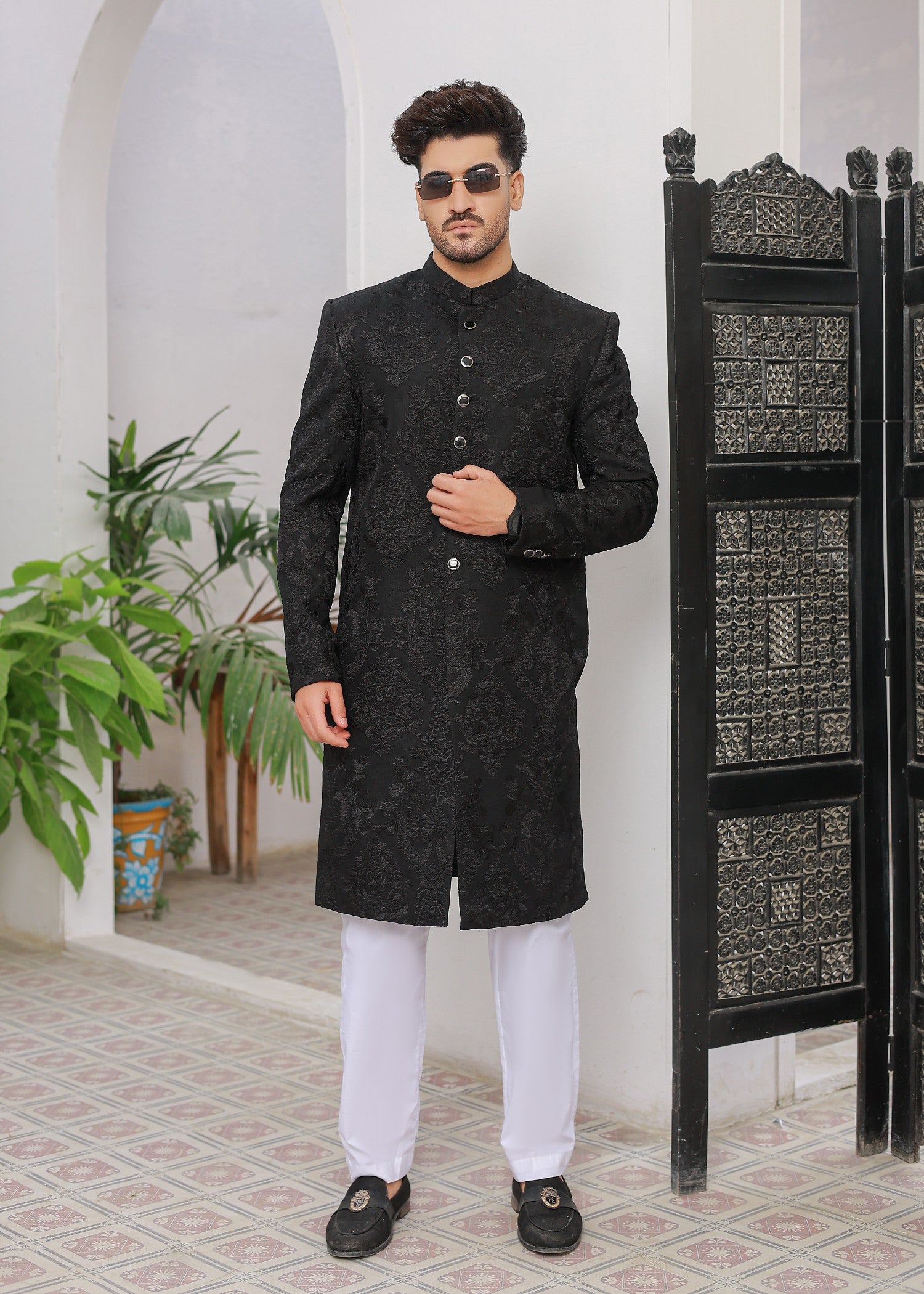 indian raw silk Sherwani in Black