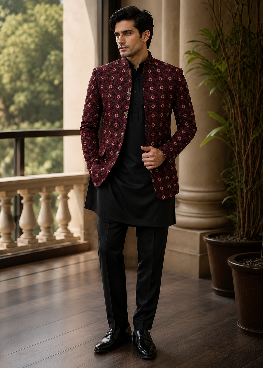 silk Prince Coat in Maroon, black