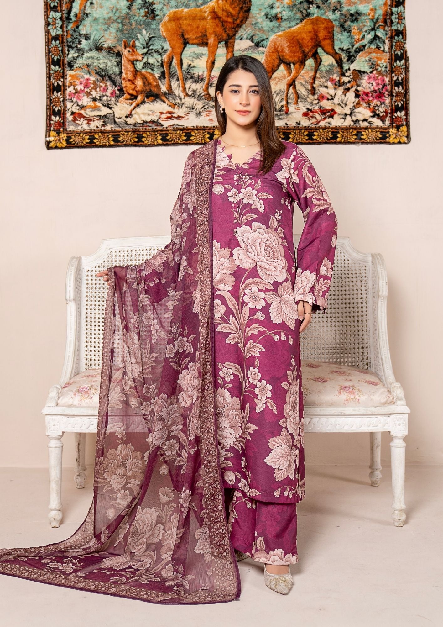 arabic lawn Kurta Set in Rose red