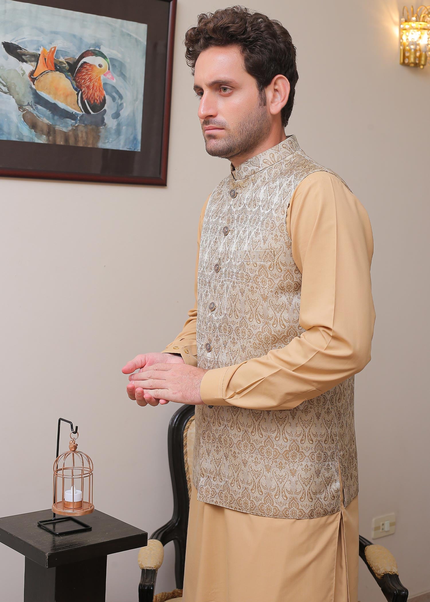 banarsi silk Waistcoat in Beige