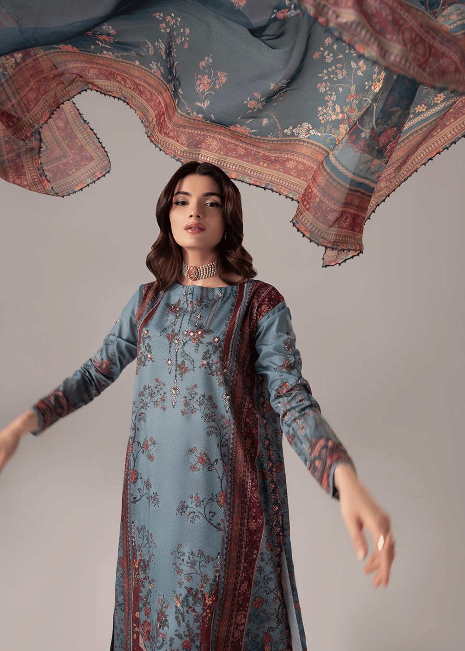 crepe silk Kurta Set in Shadow blue