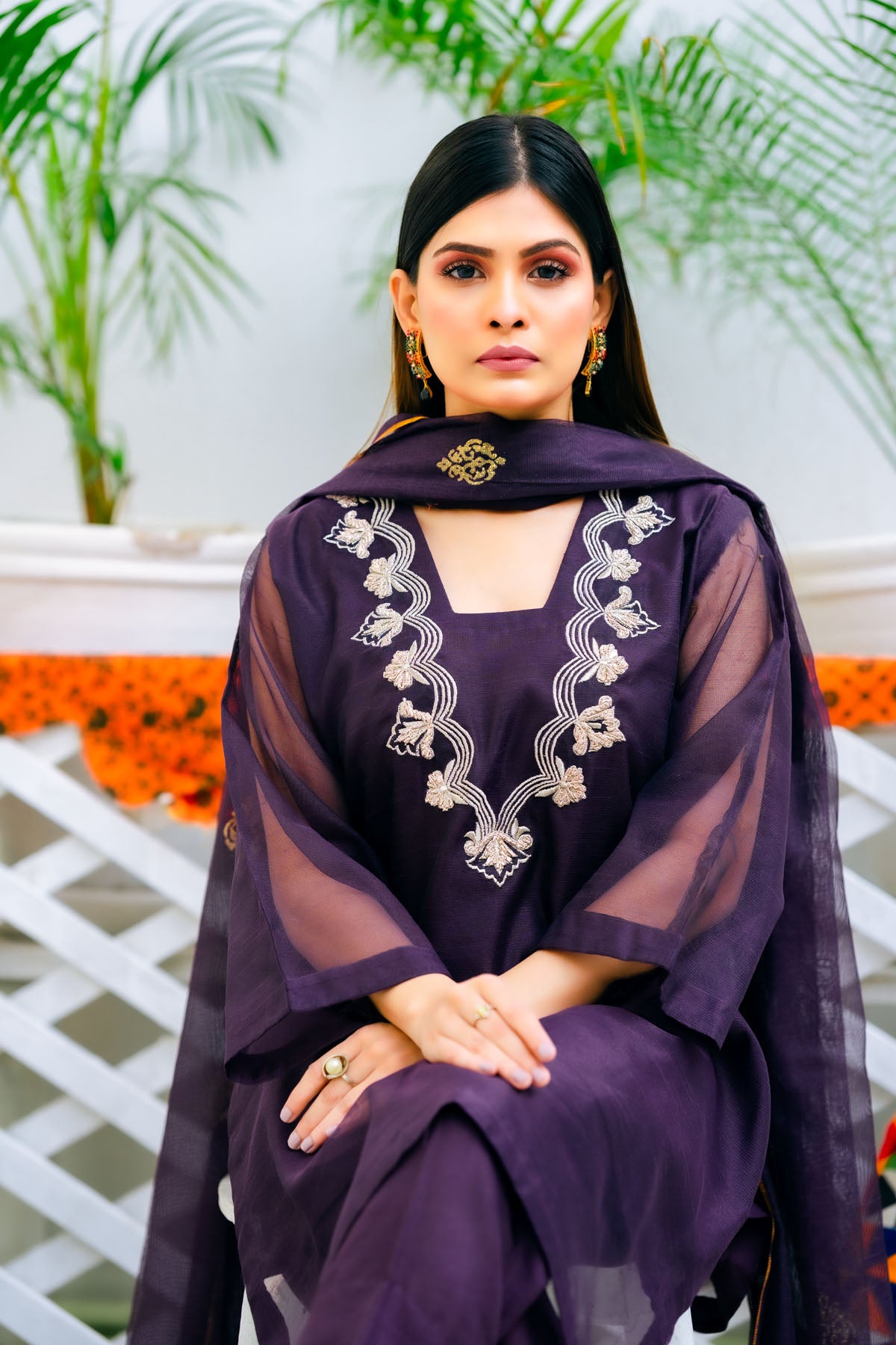 silk cotton net Kurta Set in Purple